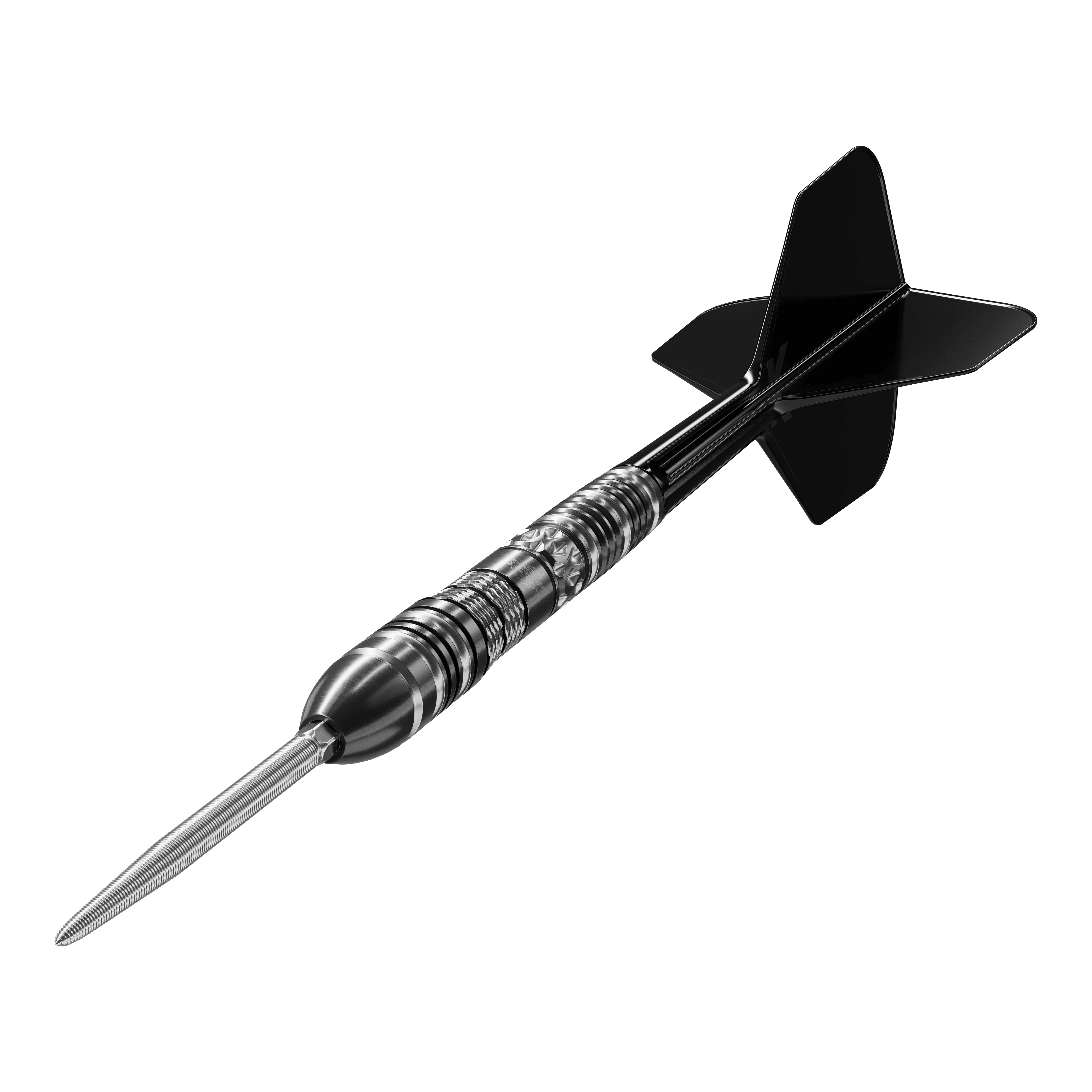 Das Bild zeigt einen Target Black Marque Dragon 3 Swiss Point Steeldart. Der Dart ist schwarz-silber und hat eine scharfe Stahlspitze sowie schwarze Flügel.