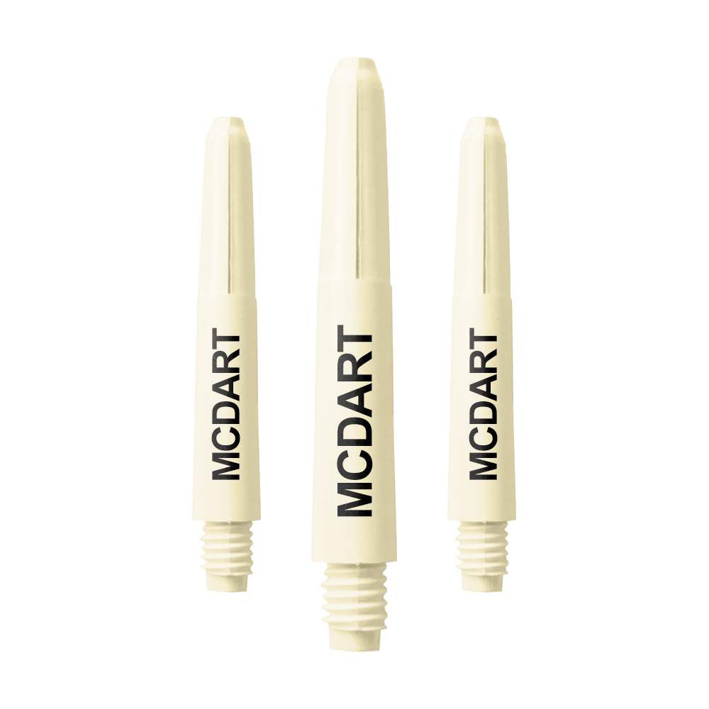MD-605_Nylon_Shafts_mit_Wunschdruck_Naturweiss_35mm_1 Das Bild zeigt drei naturweiße Nylon-Schäfte für Darts. Auf jedem Schaft steht der Schriftzug "MCDART" in schwarzer Schrift.