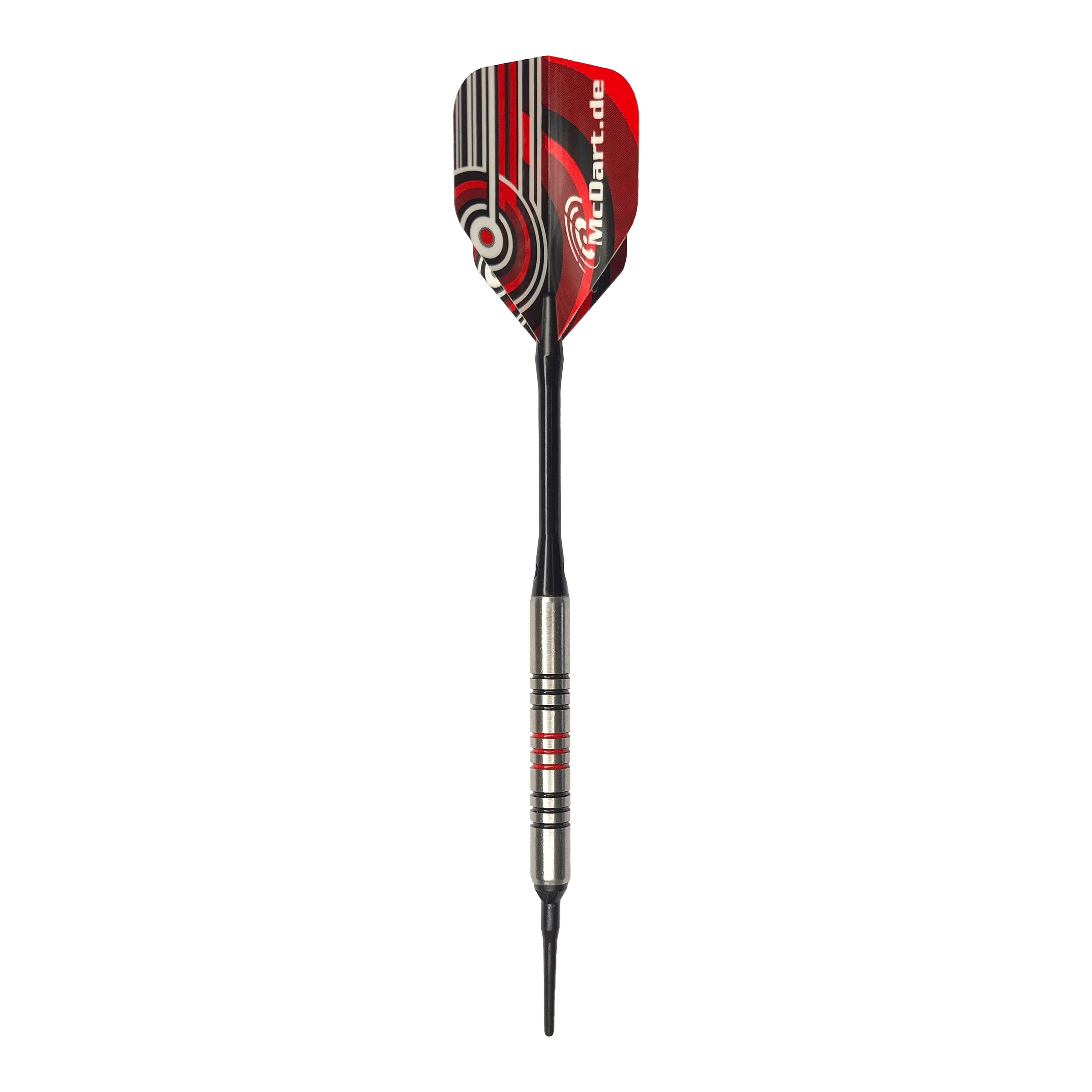 McDart 85 Tungsten V11 Soft Darts - 17.5g Dies ist ein McDart 85er Tungsten V11 Softdart mit einem Gewicht von 17,5g. Der Dart hat ein silbernes Barrel mit schwarzen und roten Ringen sowie ein rot-schwarzes Flight-Design.