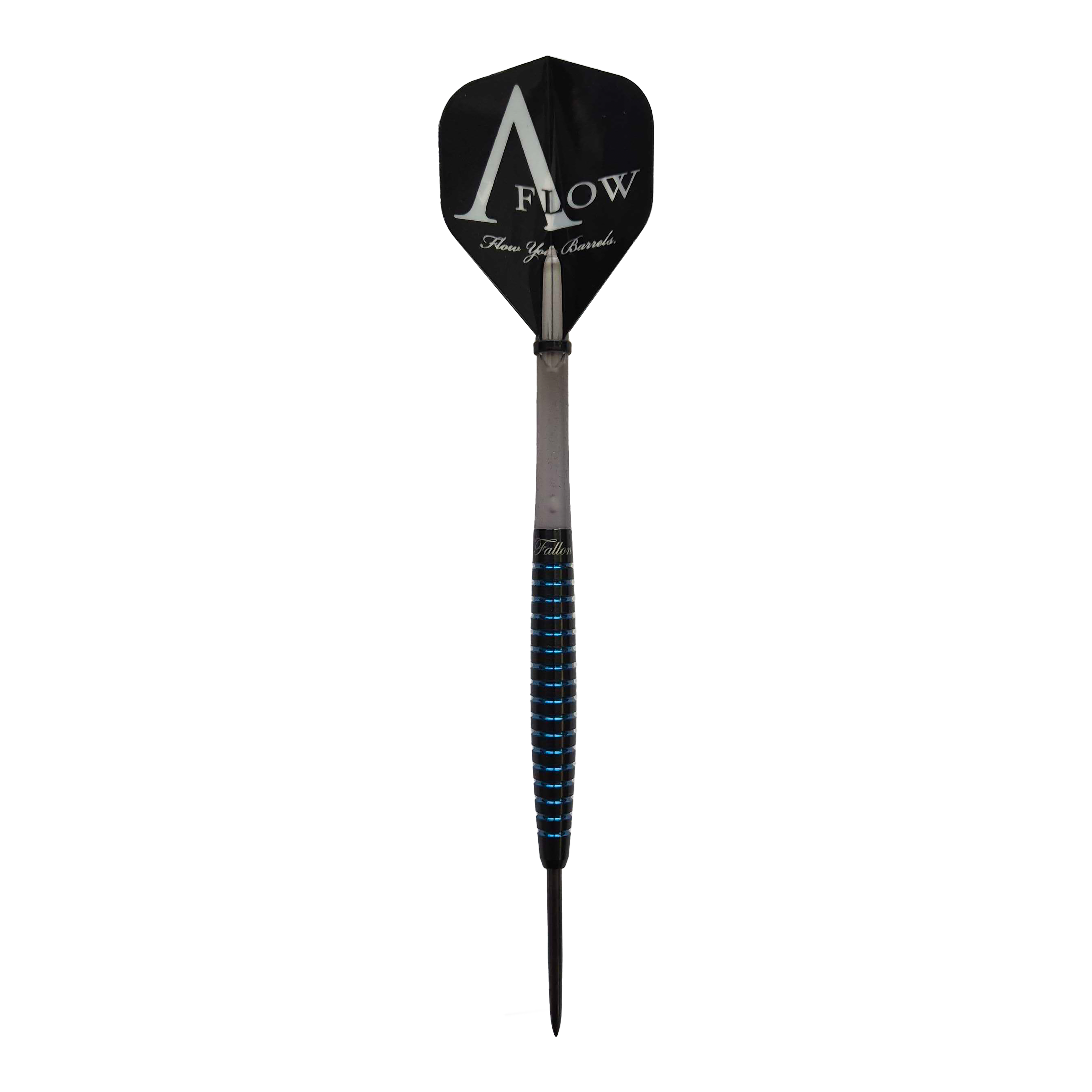 Dynasty Fallon Sherrock 4 AFlow BK Steel Darts - With Autograph - 23g Das Bild zeigt einen Steeldart der Marke Dynasty, Modell Fallon Sherrock 4 AFlow BK mit Autogramm und einem Gewicht von 23g. Der Dart hat auffällige blaue Rillen am Griff und ein schwarzes Flight mit der Aufschrift "AFlow".