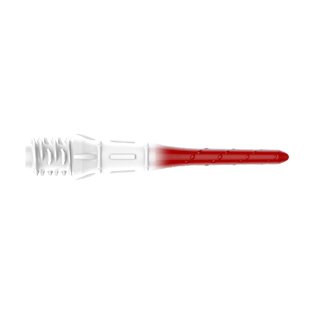L-Style Premium Lippoint Gradiation Dart Tips (Pack of 30) Das Bild zeigt eine Dartspitze mit einem Farbverlauf von Weiß zu Rot. Die Spitze hat ein gezacktes Gewinde auf der linken Seite und ist glatt auf der rechten Seite.