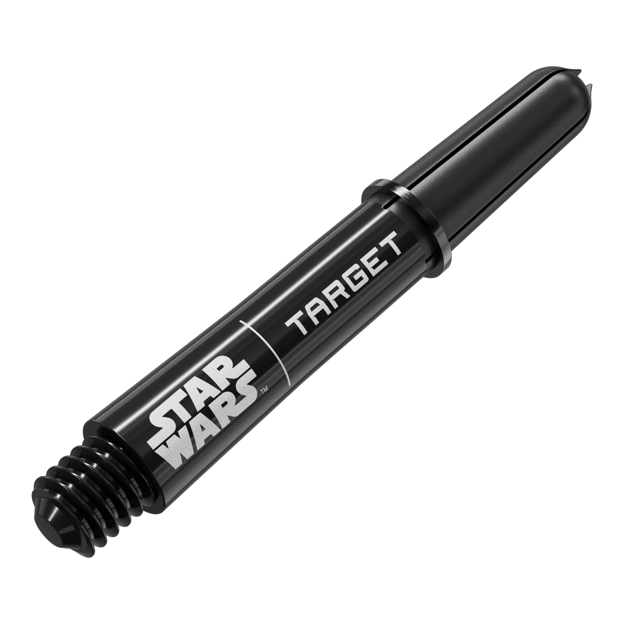 Target Star Wars ProGrip Shafts - Black Das Bild zeigt das Produkt mit dem Dateinamen 380420_Target_StarWars_ProGrip_Shafts_Schwarz_Short_34mm_2. Es handelt sich wahrscheinlich um schwarze, kurze Dartshafts mit Star Wars-Design.