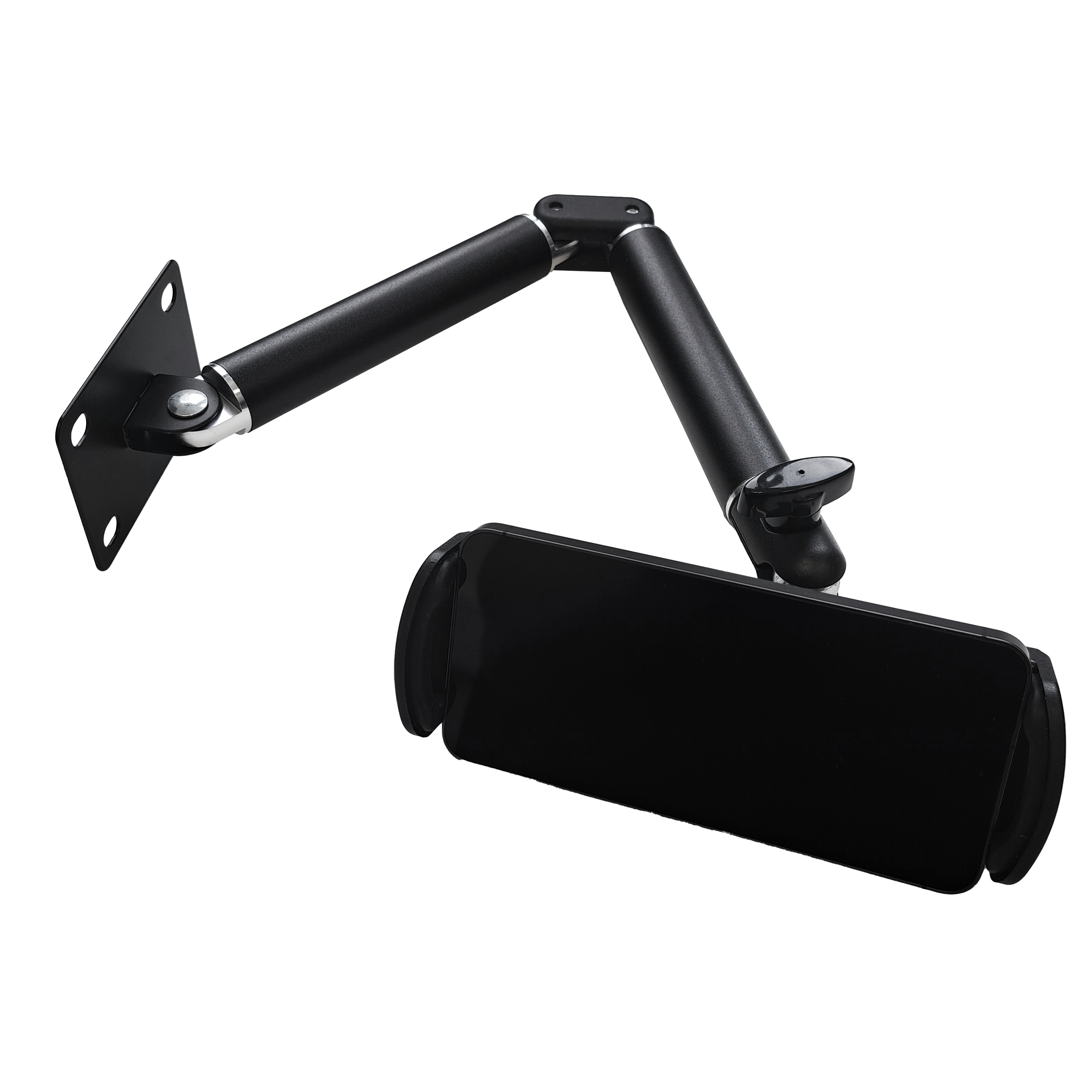McDart TABFlex tablet wall mount with flexible arm Das Bild zeigt die McDart TABFlex Tablet Wandhalterung mit flexiblem Arm. Sie besteht aus schwarzem Metall und hat einen verstellbaren Arm zur Befestigung eines Tablets an der Wand.