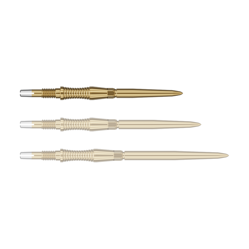 Das Bild zeigt eine Darts-Spitze von Target in Gold, vermutlich aus der Swiss Point Signature RST Serie mit 30mm Länge. Die Spitze hat ein detailliertes Design und reflektiert das Licht.