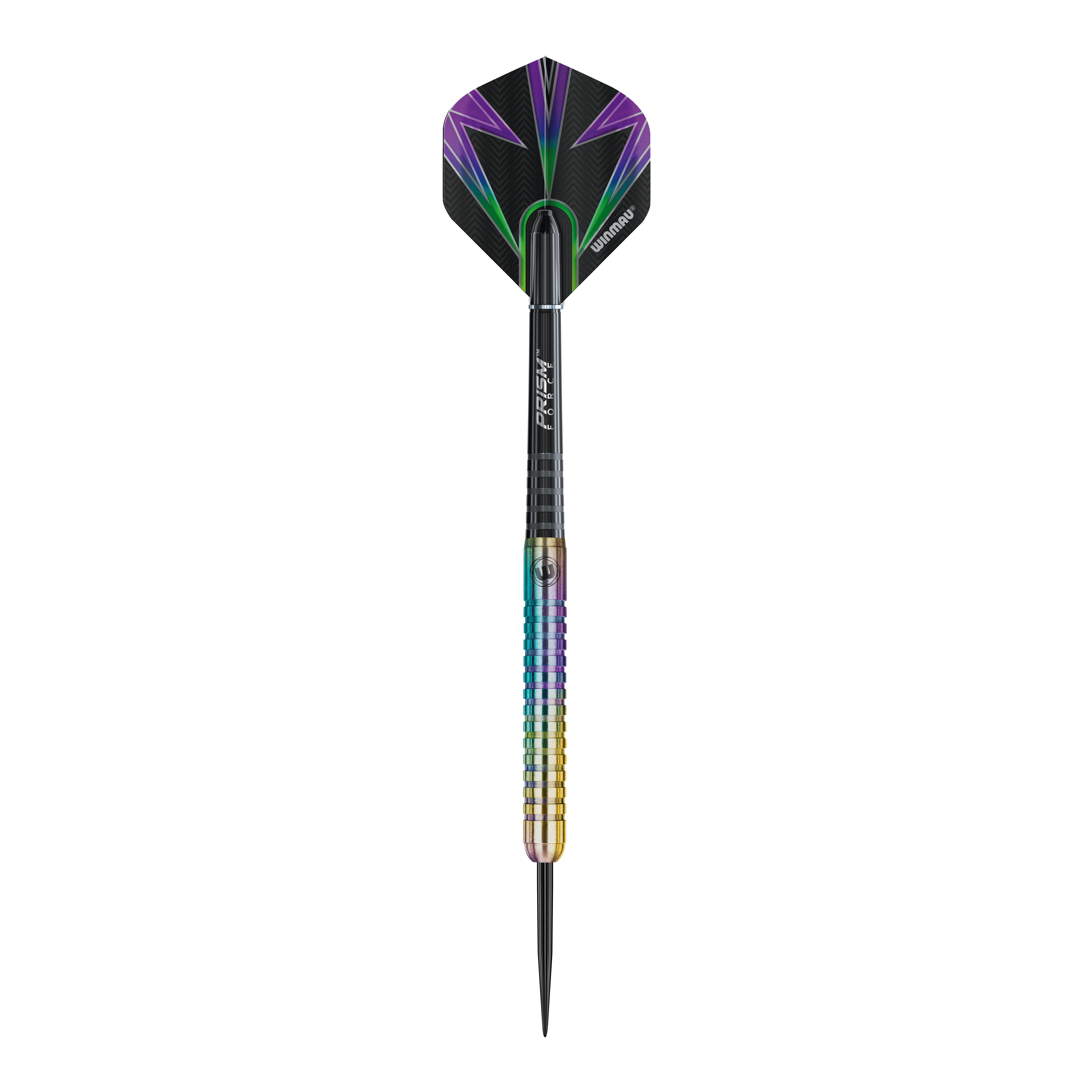 Winmau Foxfire Urban steel darts Das Bild zeigt einen Winmau Foxfire Urban Steeldart mit buntem Schaft und moderner Optik. Die Flight ist schwarz mit lila und grünen Akzenten gestaltet.
