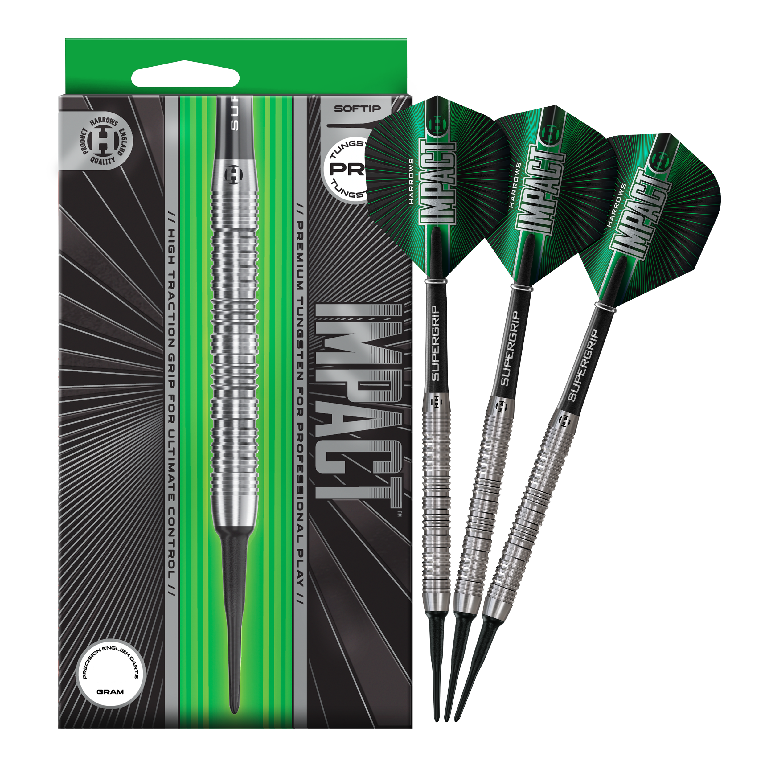 Auf dem Bild sind die Harrows Impact Softdarts komplett abgebildet. Das gesamte Produkt wird dargestellt.