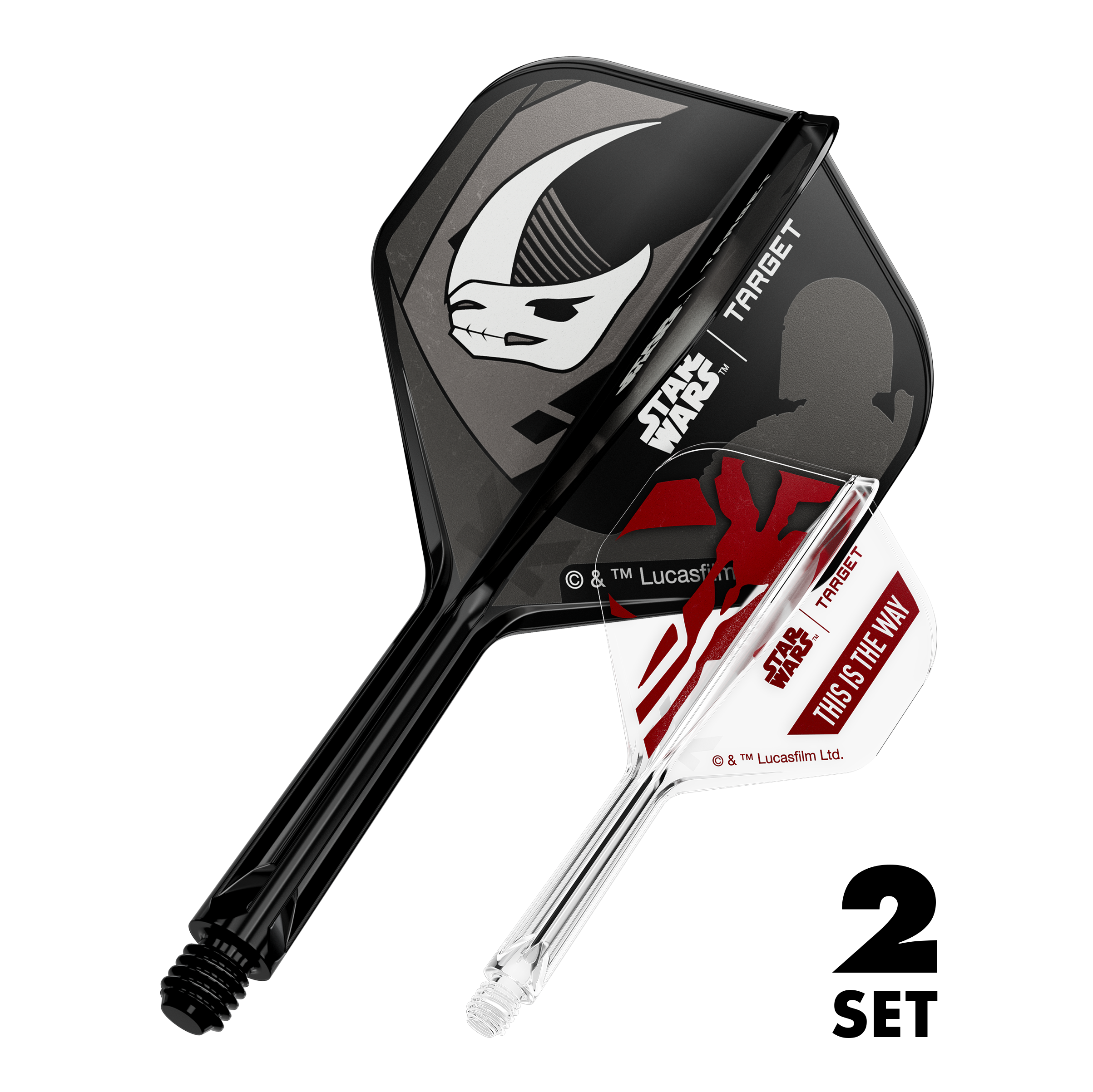Das Bild zeigt das Produkt mit dem Dateinamen 410621_Target_StarWars_K-Flex_Mandalorian_2PackSet_No2_Standard_Flights_26mm_1. Es handelt sich vermutlich um Dartzubehör mit Star Wars Mandalorian Motiv.