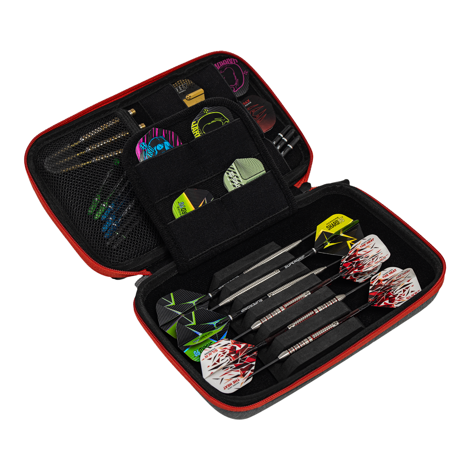Harrows Smart Case XL dart wallet In diesem Bild ist ein offenes Dart-Etui zu sehen, das mehrere Darts und Zubehörteile enthält. Das Etui ist schwarz mit rotem Rand und bietet verschiedene Fächer für Flights und Ersatzteile.
