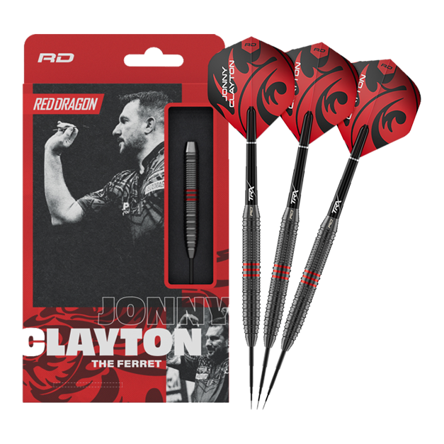 Dieses Bild zeigt die Red Dragon Jonny Clayton Core Brass Steeldarts - 21g in voller Länge. Die Darts haben goldene Rillen und rote sowie schwarze Details am Flight.