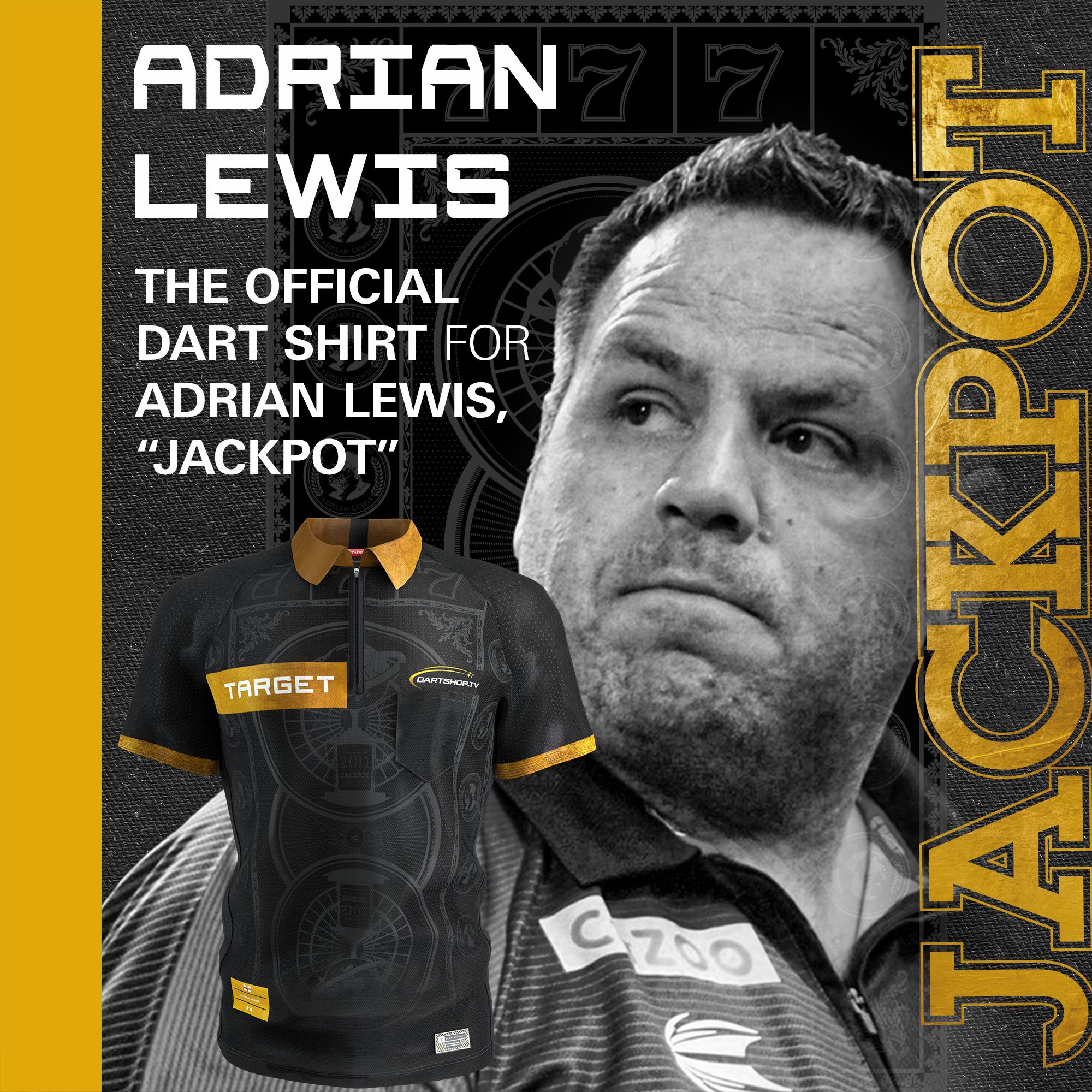 Target Adrian Lewis dart shirt 2026 Das Bild zeigt das Target Adrian Lewis Dartshirt 2026. Dieses Shirt ist für Darts-Fans und Sammler konzipiert.