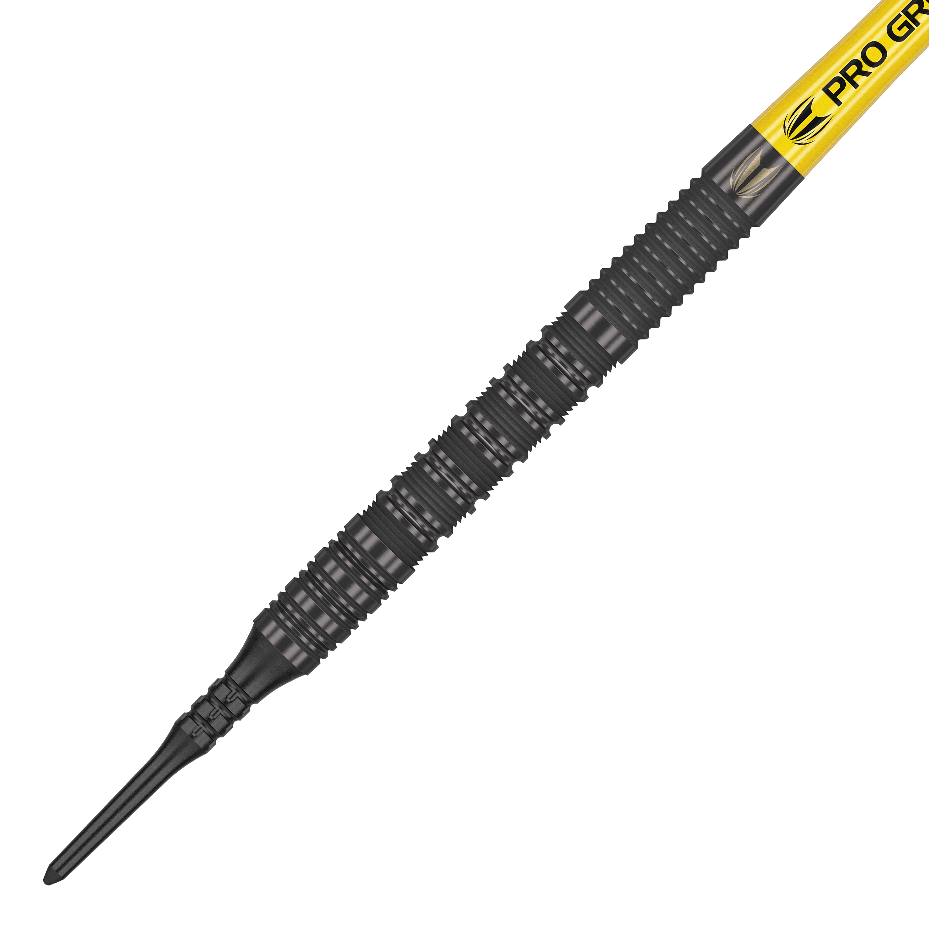 Target Bolide Void 10 soft darts Das Bild zeigt einen Target Bolide Void 10 Softdart mit einer schwarzen, strukturierten Spitze. Am oberen Ende ist ein gelber Schaft mit der Aufschrift "Pro Grip" zu sehen.