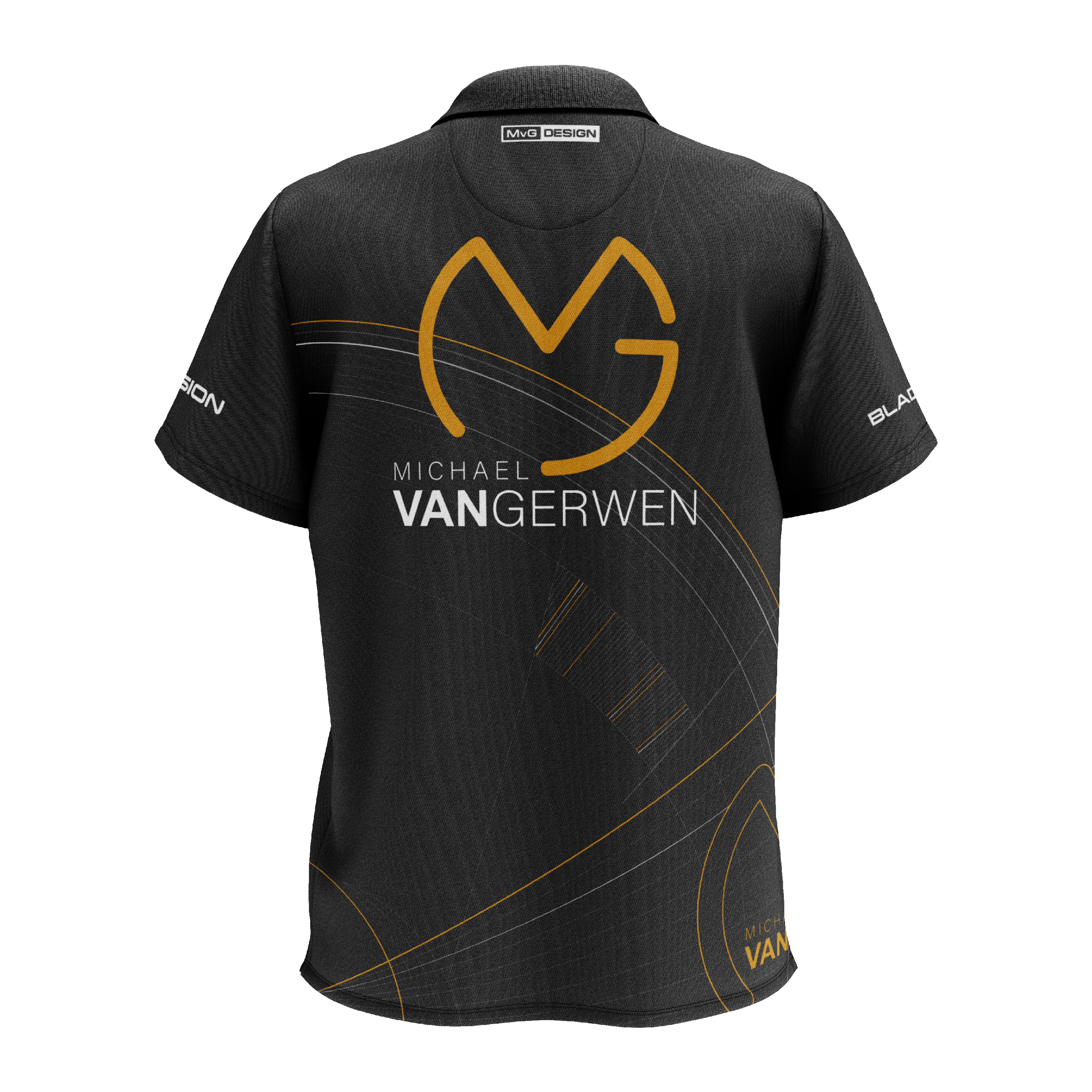 Winmau Limited Edition Tour Polo Dart Shirt Das Bild zeigt ein schwarzes Dartshirt mit goldenen und weißen Akzenten. Auf der Rückseite steht "Michael van Gerwen" zusammen mit einem großen, stilisierten "MVG"-Logo.