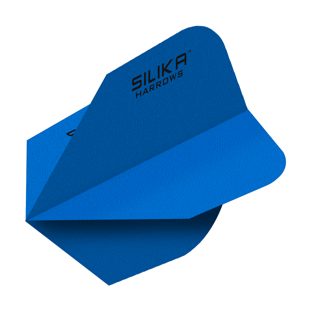 Das Bild zeigt blaue Dartflights mit der Aufschrift "Silika Harrows". Die Flights haben eine feste, kristalline Beschichtung und sind in der Form No6 gestaltet.