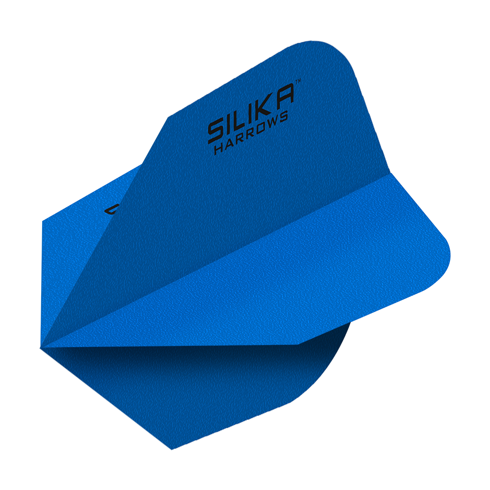 Harrows Silica Solid Tough Crystalline Coating Blue No6 Flights Das Bild zeigt blaue Dartflights mit der Aufschrift "Silika Harrows". Die Flights haben eine feste, kristalline Beschichtung und sind in der Form No6 gestaltet.