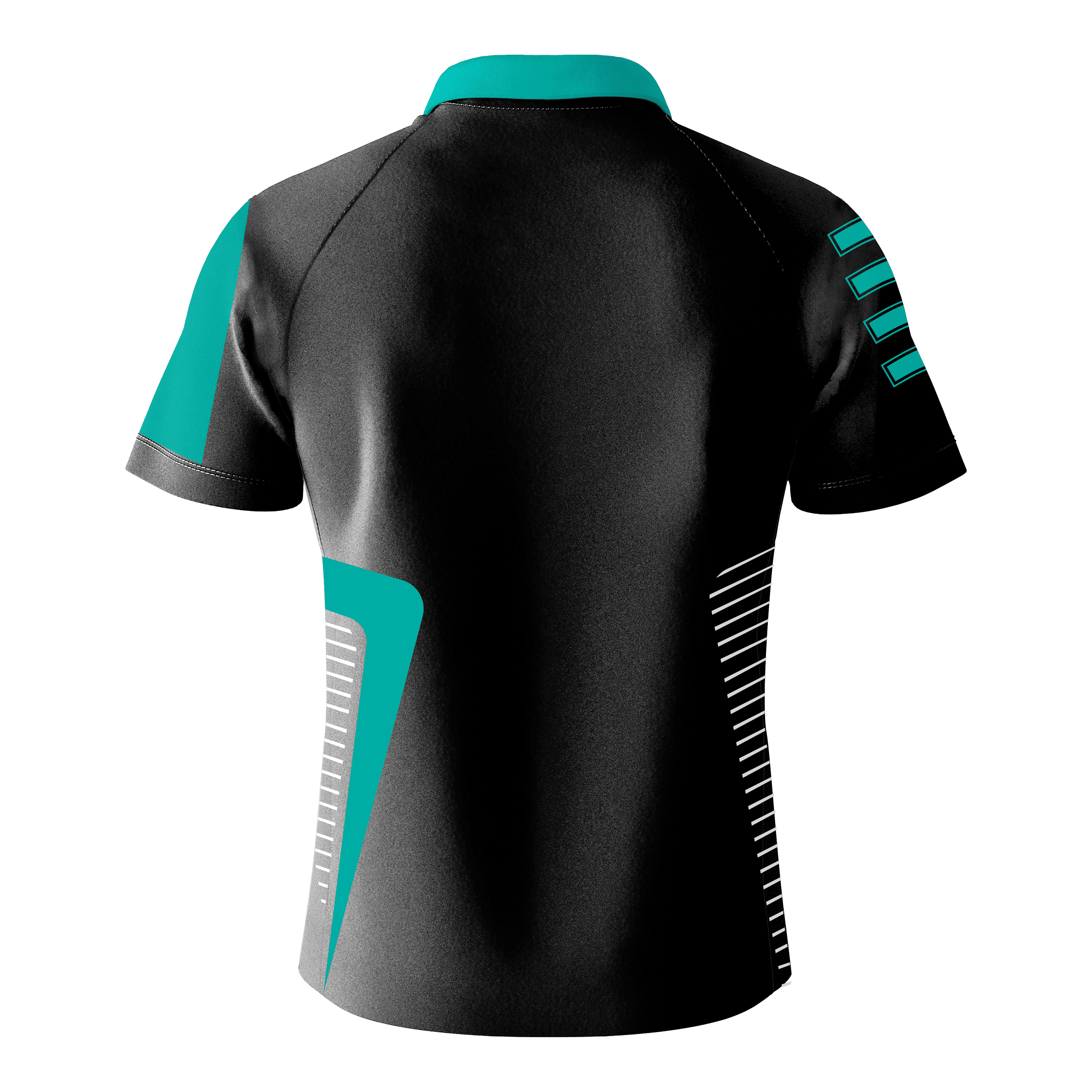 Bulls Team Dart Shirt - Mint Das Bild zeigt das "Bulls Team Dartshirt - Mint" von hinten. Das Shirt ist überwiegend schwarz mit mintfarbenen und weißen Akzenten.