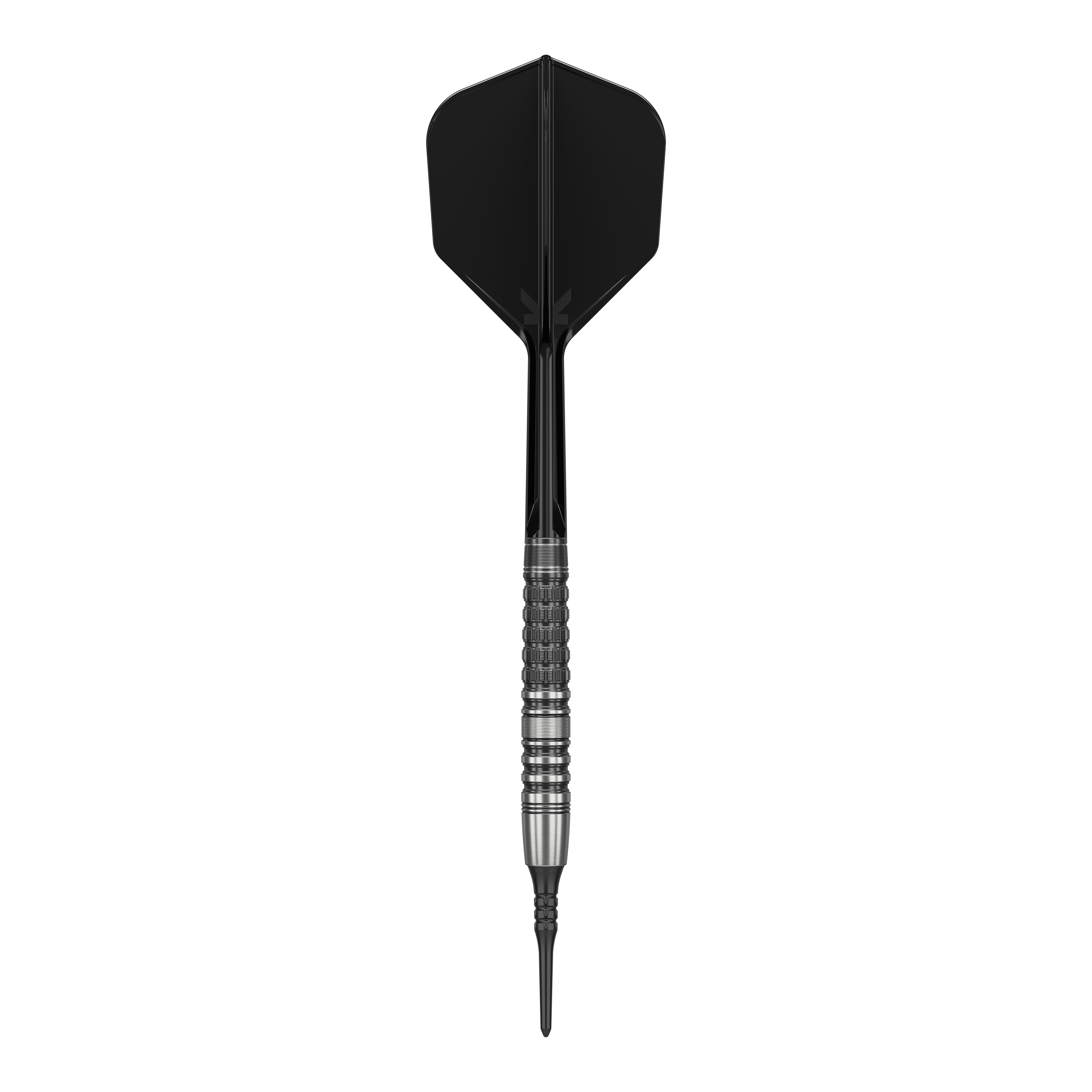 Das Bild zeigt einen Softdart mit schwarzer Spitze, schwarzem Shaft und Flight sowie einem silbernen, strukturierten Barrel. Es handelt sich um den "Target Japan Black Marque Lumiere GEN3 Softdarts - 18,5g".
