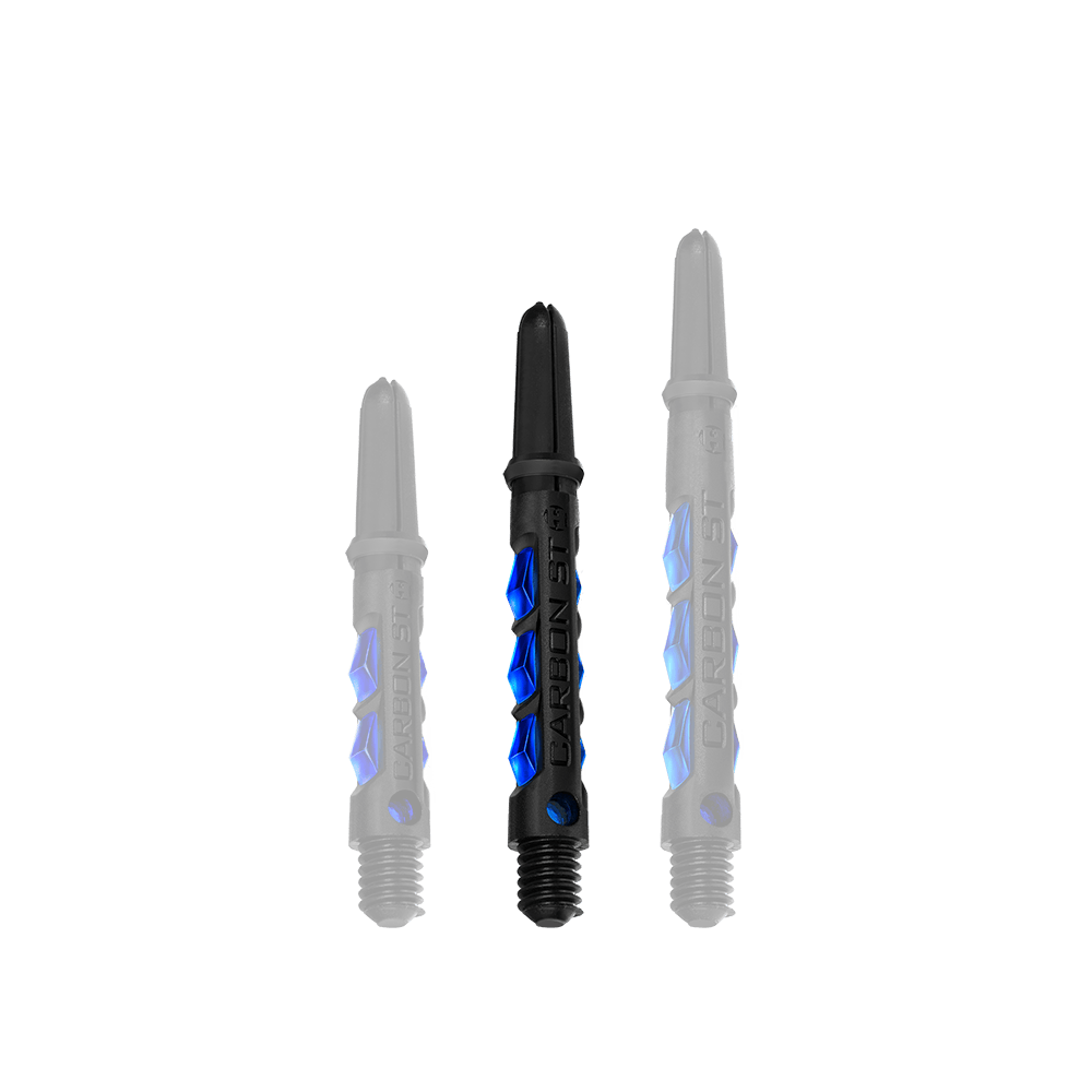 HR414_Harrows_Carbon_ST_Shafts_Blau_40mm_1ABUnMsKNMivIX Das Bild zeigt drei blaue Harrows Carbon ST Shafts in unterschiedlicher Länge. Sie sind schwarz mit blauen Akzenten und haben eine robuste, moderne Optik.
