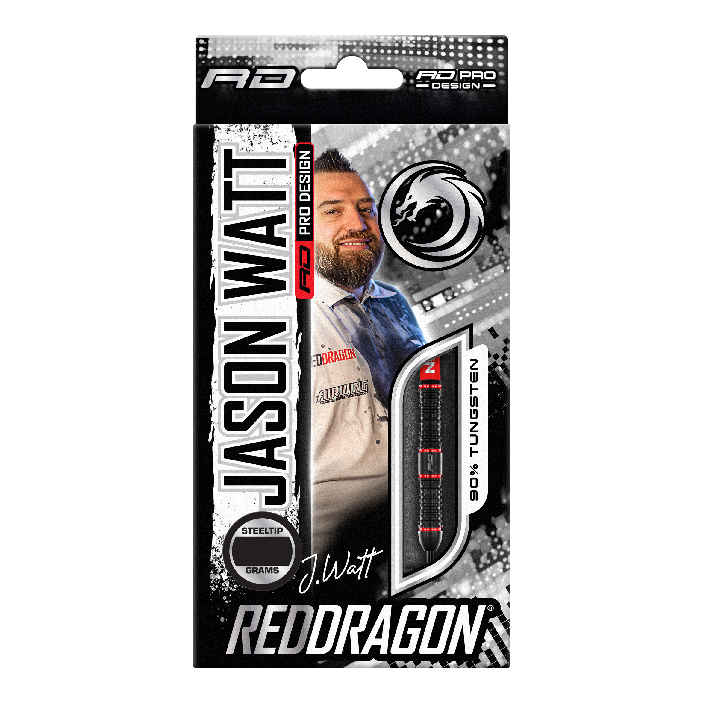 Red Dragon Jason Watt Steel Darts - 22g Die Abbildung zeigt die Verpackung der "Red Dragon Jason Watt Steeldarts - 22g". Auf der Vorderseite sind ein Bild von Jason Watt, der Dartpfeil und das Red Dragon-Logo zu sehen.