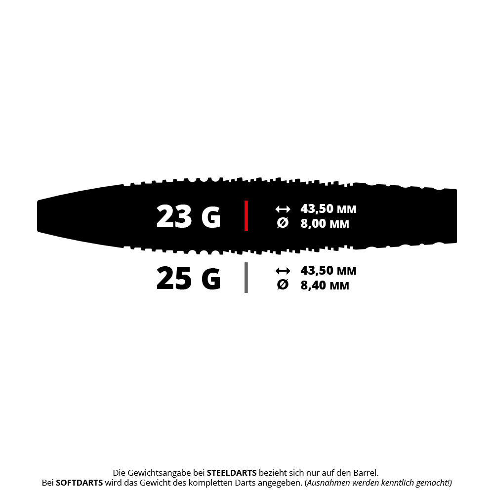 Das Bild zeigt die Spezifikationen zweier Steeldart-Varianten mit 23 Gramm und 25 Gramm. Die Maße sind jeweils 43,50 mm Länge und 8,00 mm bzw. 8,40 mm Durchmesser.