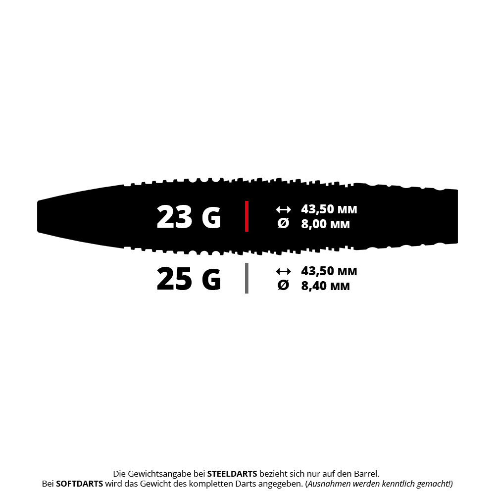 Target Scott Williams GEN2 Swiss Point steel darts Das Bild zeigt die Spezifikationen zweier Steeldart-Varianten mit 23 Gramm und 25 Gramm. Die Maße sind jeweils 43,50 mm Länge und 8,00 mm bzw. 8,40 mm Durchmesser.