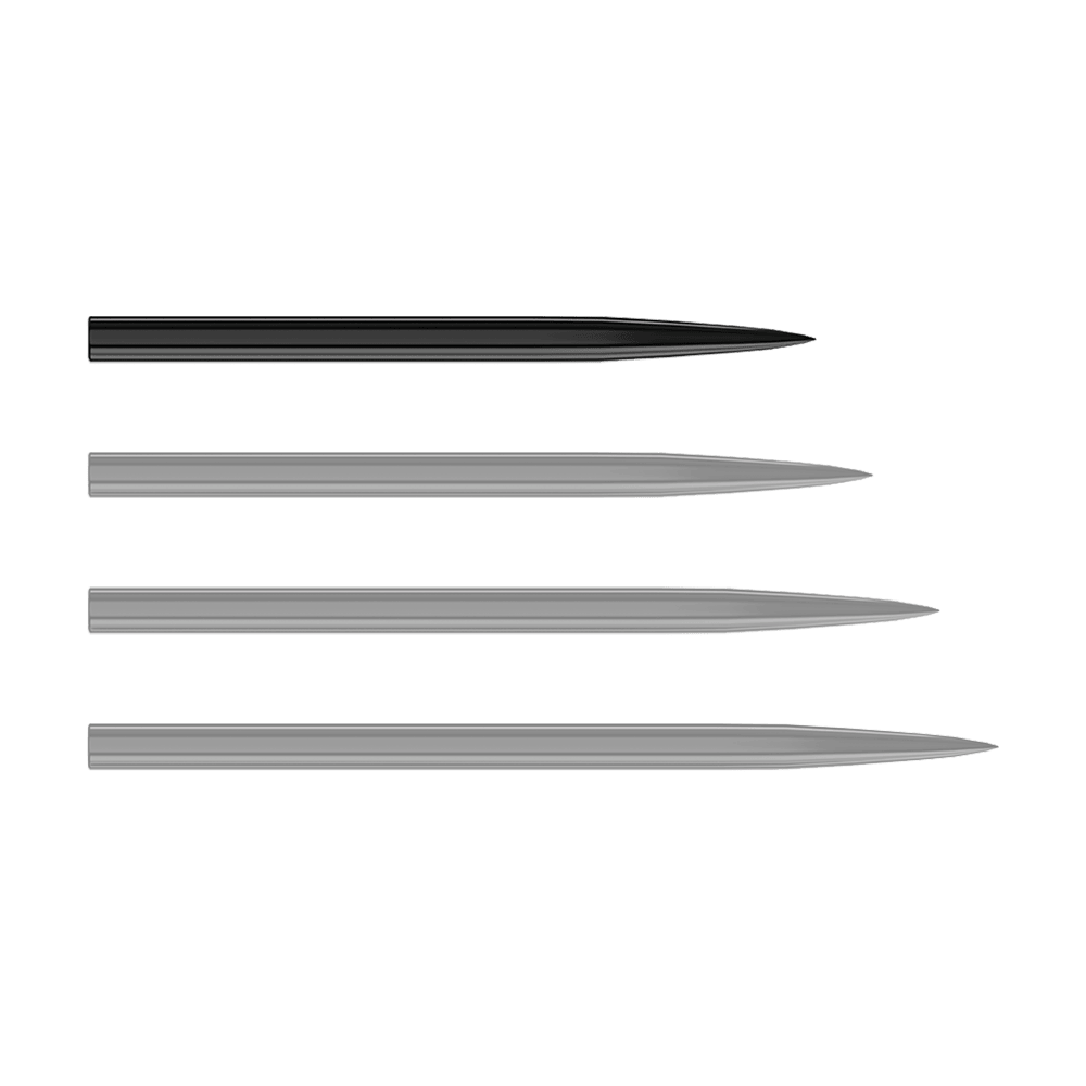 Harrows steel dart tips - black Auf dem Bild sind vier schwarze Steeldartspitzen zu sehen, die nebeneinander liegen. Sie sind schlank und jeweils an einem Ende spitz zulaufend.