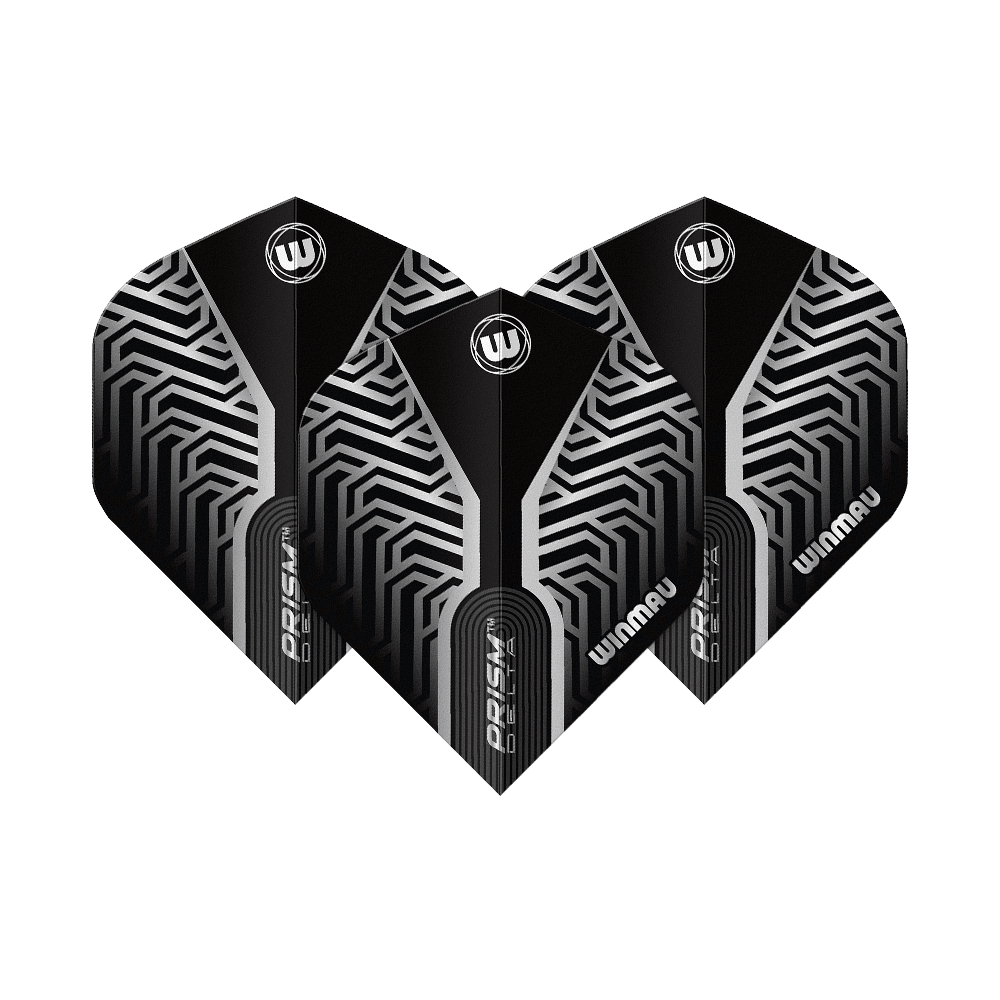Winmau Prism Delta Silver No2 Standard Flights Dieses Bild zeigt Winmau Prism Delta Silver No2 Standard Flights. Silberne und schwarze Dart-Flights sind dargestellt.