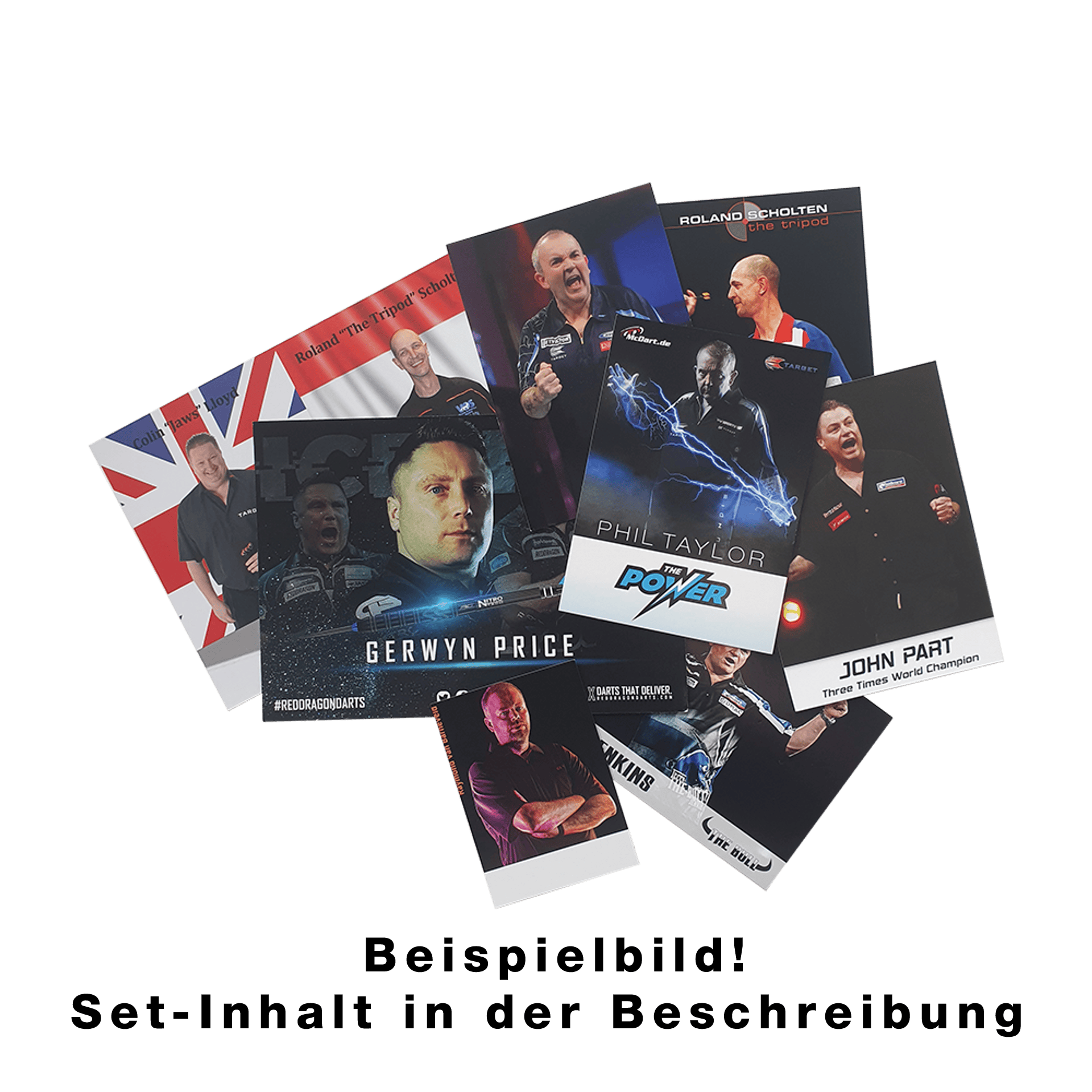 Player card set with autograph Das Bild zeigt ein Set von Spielerkarten mit bekannten Dartspielern. Auf den Karten sind Fotos und Namen der Spieler abgebildet.