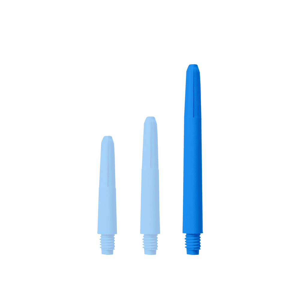 574_Nylon_Shafts_Blau_48mm_1Bvzzvt0GQ8W3G Das Bild zeigt drei blaue Nylon-Schäfte in unterschiedlichen Längen. Sie haben ein Schraubgewinde an einem Ende und sind für den Einsatz bei Darts gedacht.