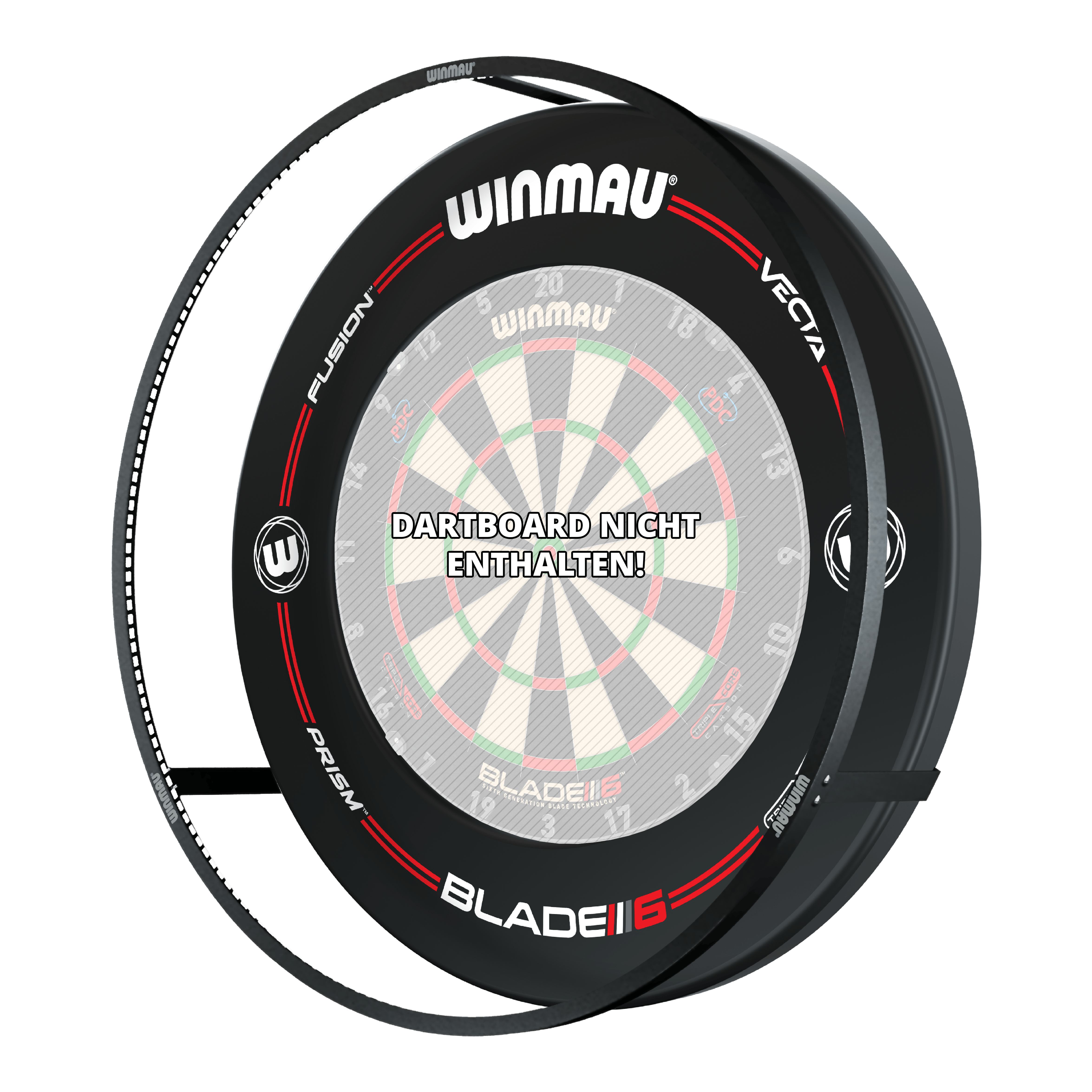 BUNDLE Winmau Plasma LED lighting and surround Das Bild zeigt das Winmau Plasma LED Beleuchtung und Surround Bundle für Dartboards. In der Mitte steht der Hinweis "Dartboard nicht enthalten!".