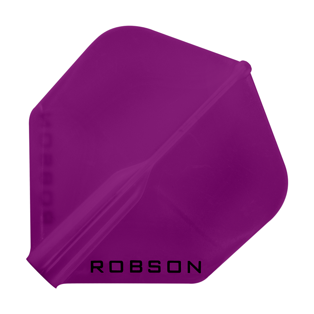 Robson Plus Flights - Standard Das Bild zeigt ein violettes Dartflugblatt in Standardform. Unten auf dem Flugblatt steht das Wort "ROBSON".