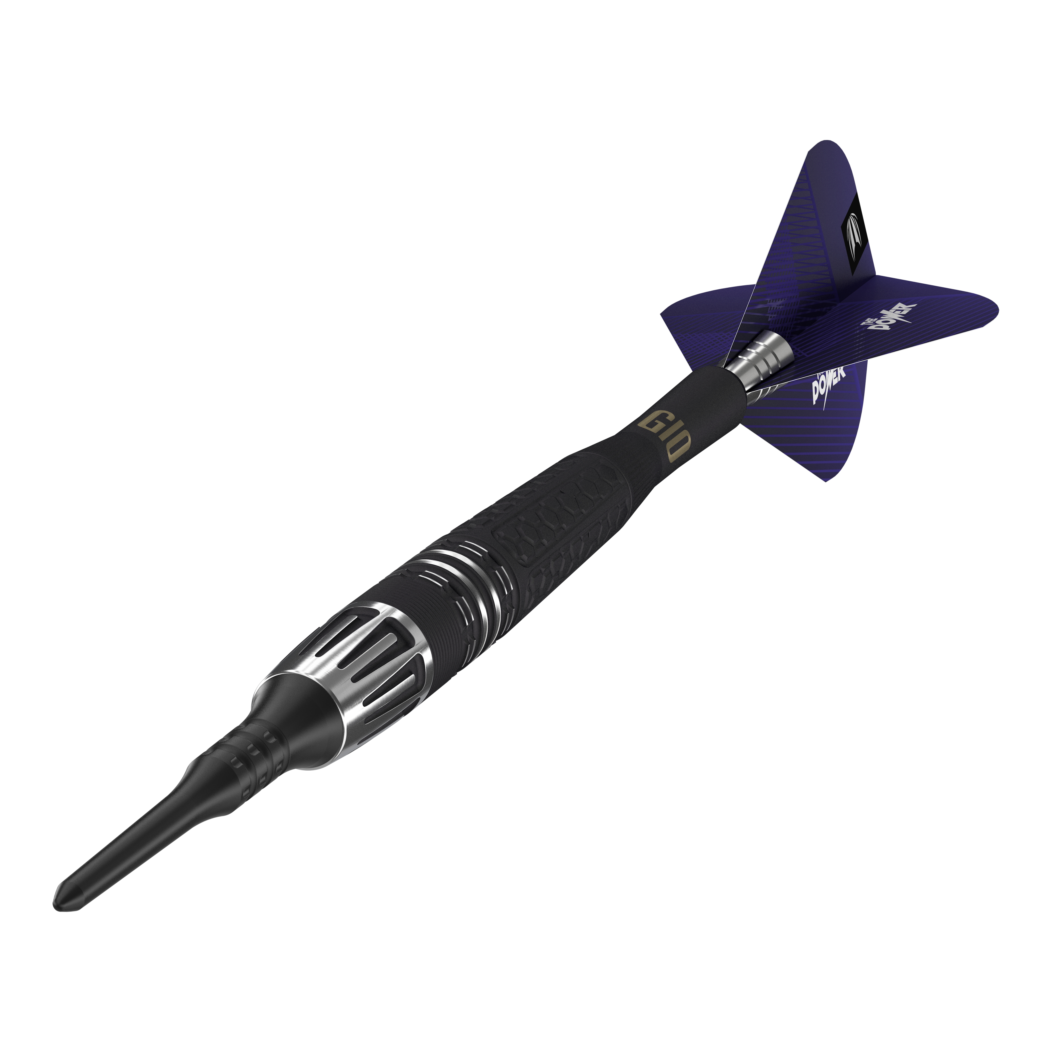 Target Phil Taylor Power 9Five GEN10 soft darts Auf dem Bild ist ein Target Phil Taylor Power 9Five GEN10 Softdart zu sehen. Der Dartpfeil hat ein modernes Design mit schwarzen und silbernen Details sowie blauen Flights.