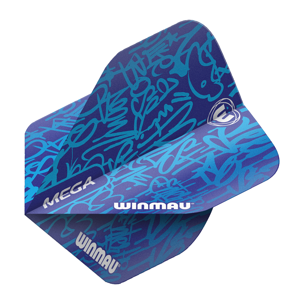 Das Bild zeigt die Winmau Mega Blue Standard Flights. Sie haben ein auffälliges blaues Design mit hellblauen Schriftzügen und dem Winmau-Logo.