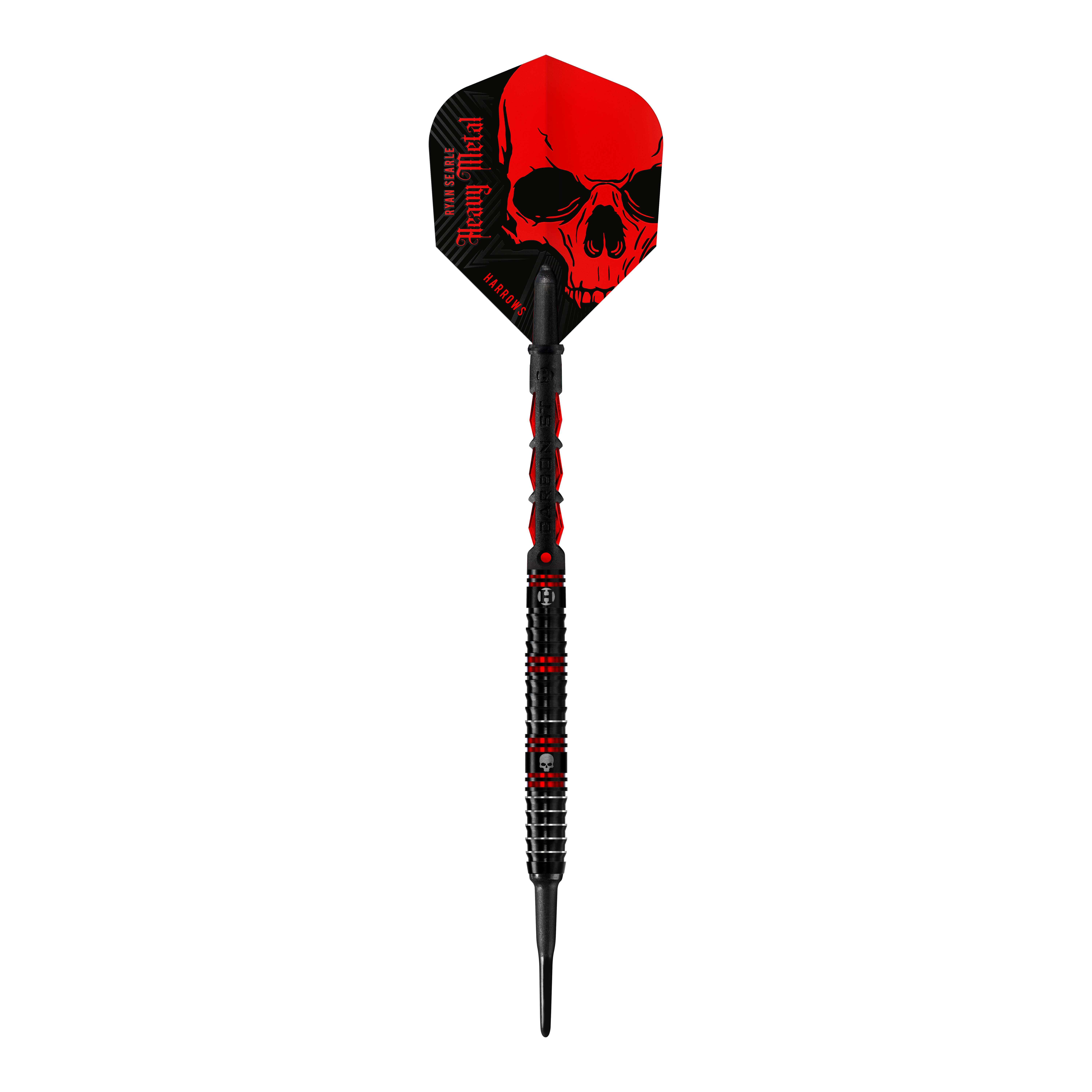 Harrow's Ryan Searle Heavy Metal Soft Darts Der abgebildete Dartpfeil ist der „Harrows Ryan Searle Heavy Metal Softdart“. Er hat ein auffälliges schwarzes Design mit roten Elementen und einem Totenkopf auf dem Flight.