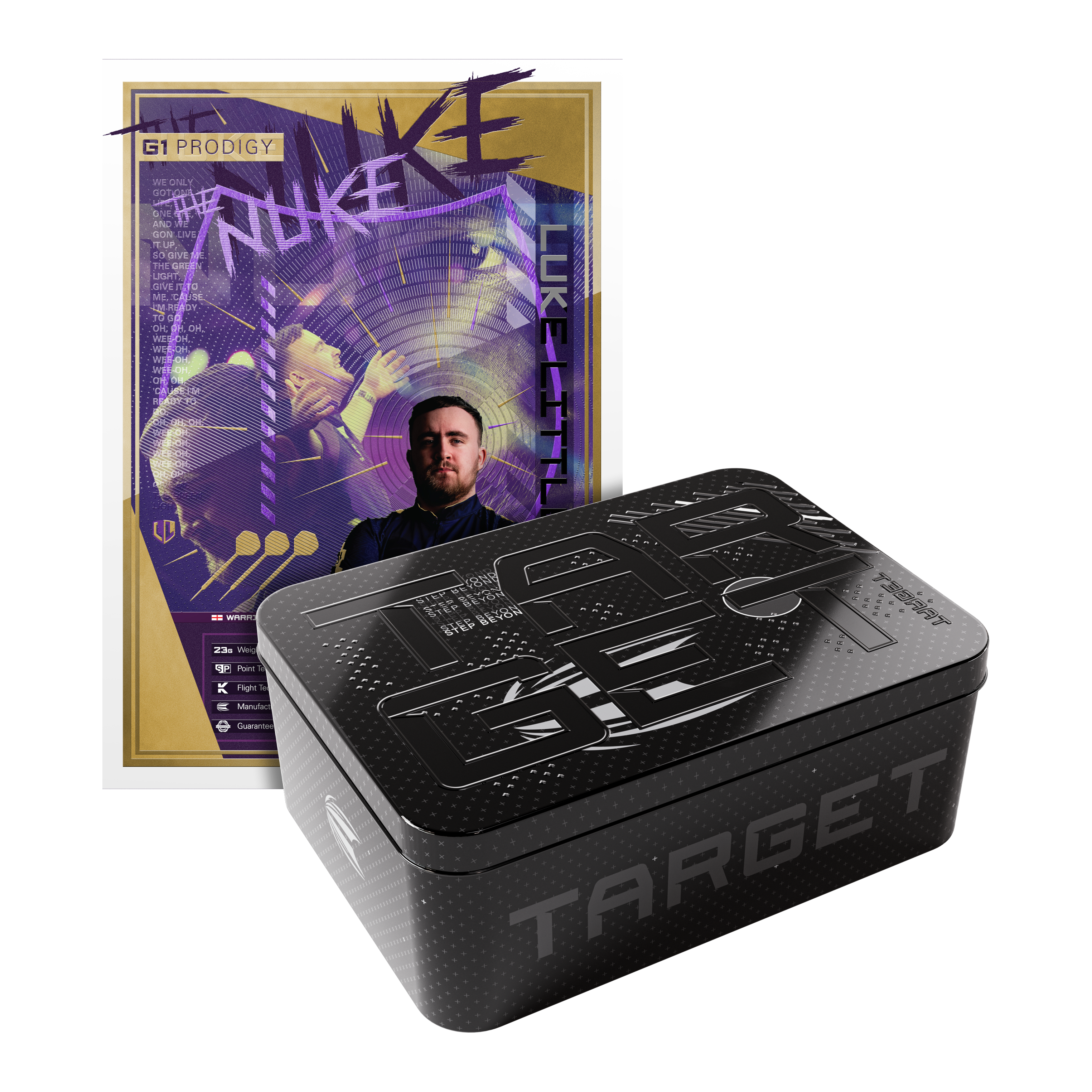 Target Luke Littler GEN1 Prodigy Swiss Point Steel Darts Das Bild zeigt eine Verpackung der "Target Luke Littler GEN1 Prodigy Swiss Point Steeldarts". Im Hintergrund ist ein farbenfrohes Poster mit dem Bild eines Dartspielers zu sehen.