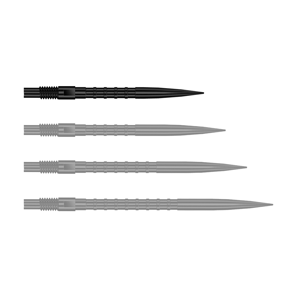 Harrows Quick Point Heavy Metal Dart Tips - Black Das Bild stellt QP33164 Harrows Quick Point HeavyMetalGrip Dartspitzen Schwarz 26mm dar. Diese Dartspitzen sind schwarz und besitzen einen starken Metallgriff.