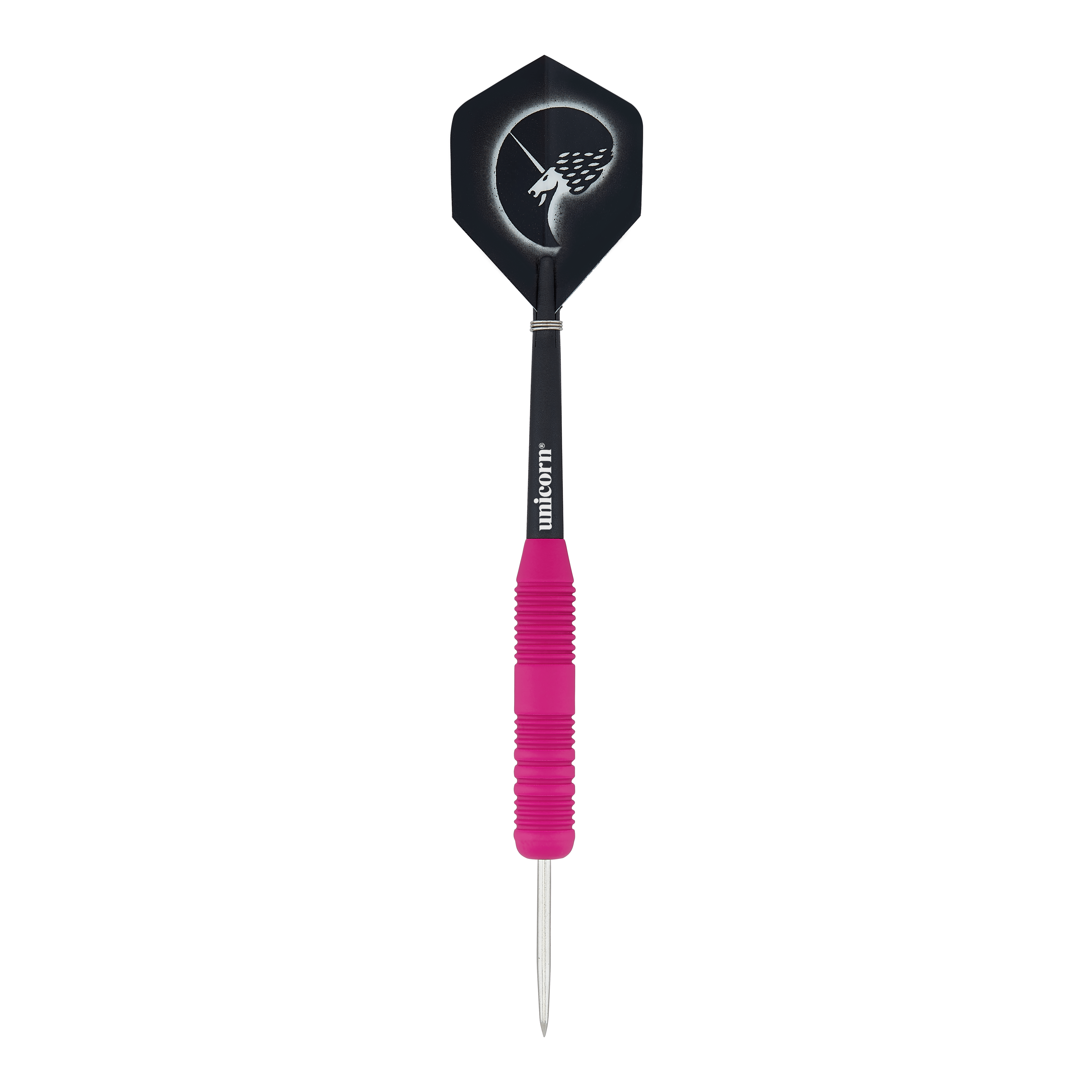 Unicorn Core Plus Rubberized Pink Steel Darts Dies ist ein Steeldart mit einer pinken, gummierten Griffzone. Das Flight zeigt ein Einhorn-Design auf schwarzem Hintergrund.