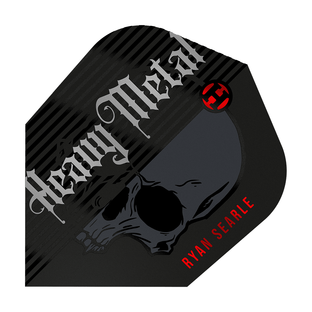 Harrow's Ryan Searle Heavy Metal Series 2 Flights Das Bild zeigt ein Dart-Flight mit dem Aufdruck "Heavy Metal" und einem Totenkopf-Design. Unten rechts steht in roten Buchstaben der Name "Ryan Searle".