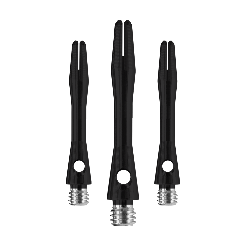 HR366_Harrows_Keramic_Shafts_Schwarz_35mm_1pOJsXRXKWghyk Das Bild zeigt drei Harrows Keramic Shafts in Matt Schwarz. Die Shafts haben eine glatte Oberfläche und ein silbernes Schraubgewinde.