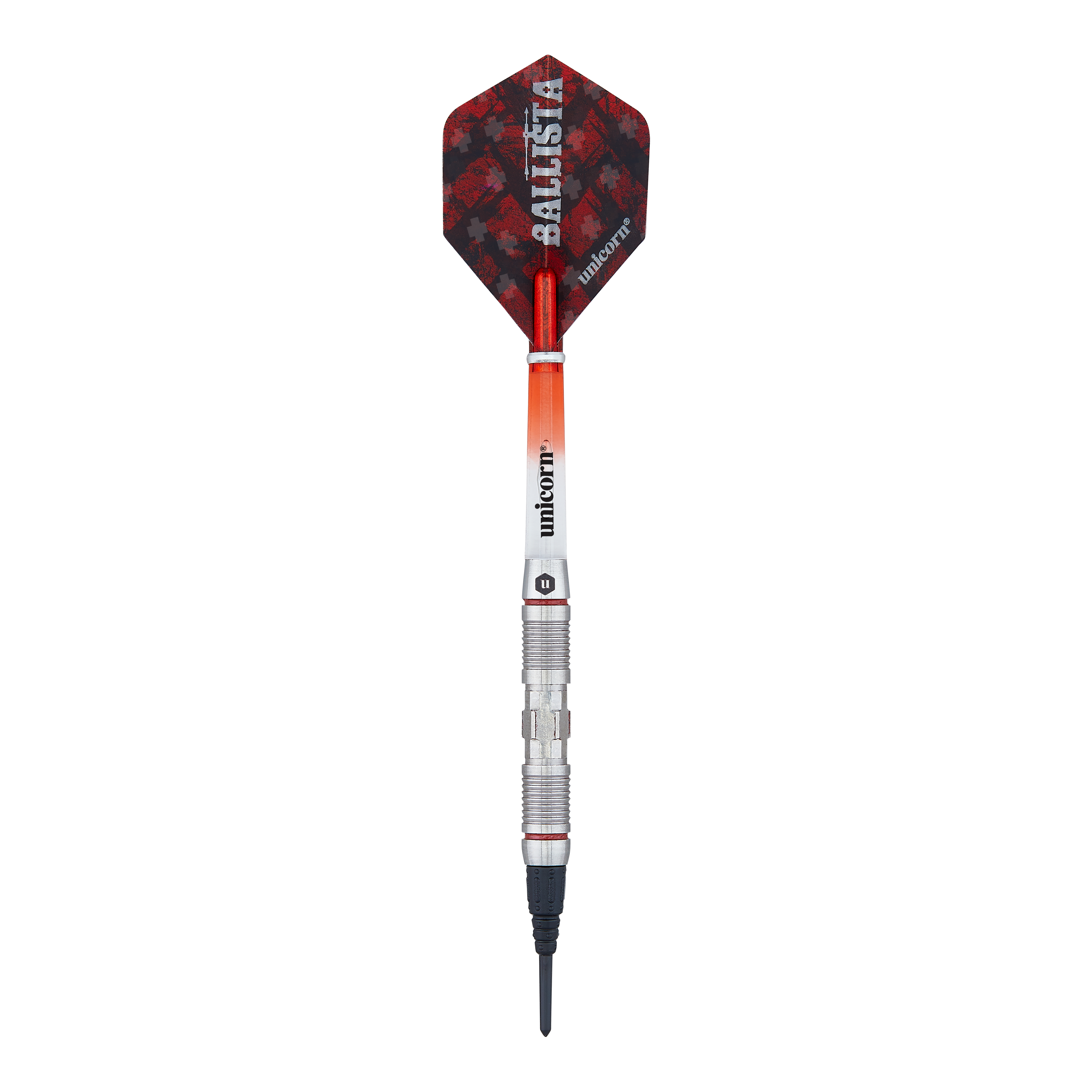 Unicorn Ballista Style 2 soft darts Das Bild zeigt einen Softdart aus der Produktreihe "Unicorn Ballista Style 2". Der Dart hat eine rot-schwarze Flight und einen silbernen, strukturierten Schaft.