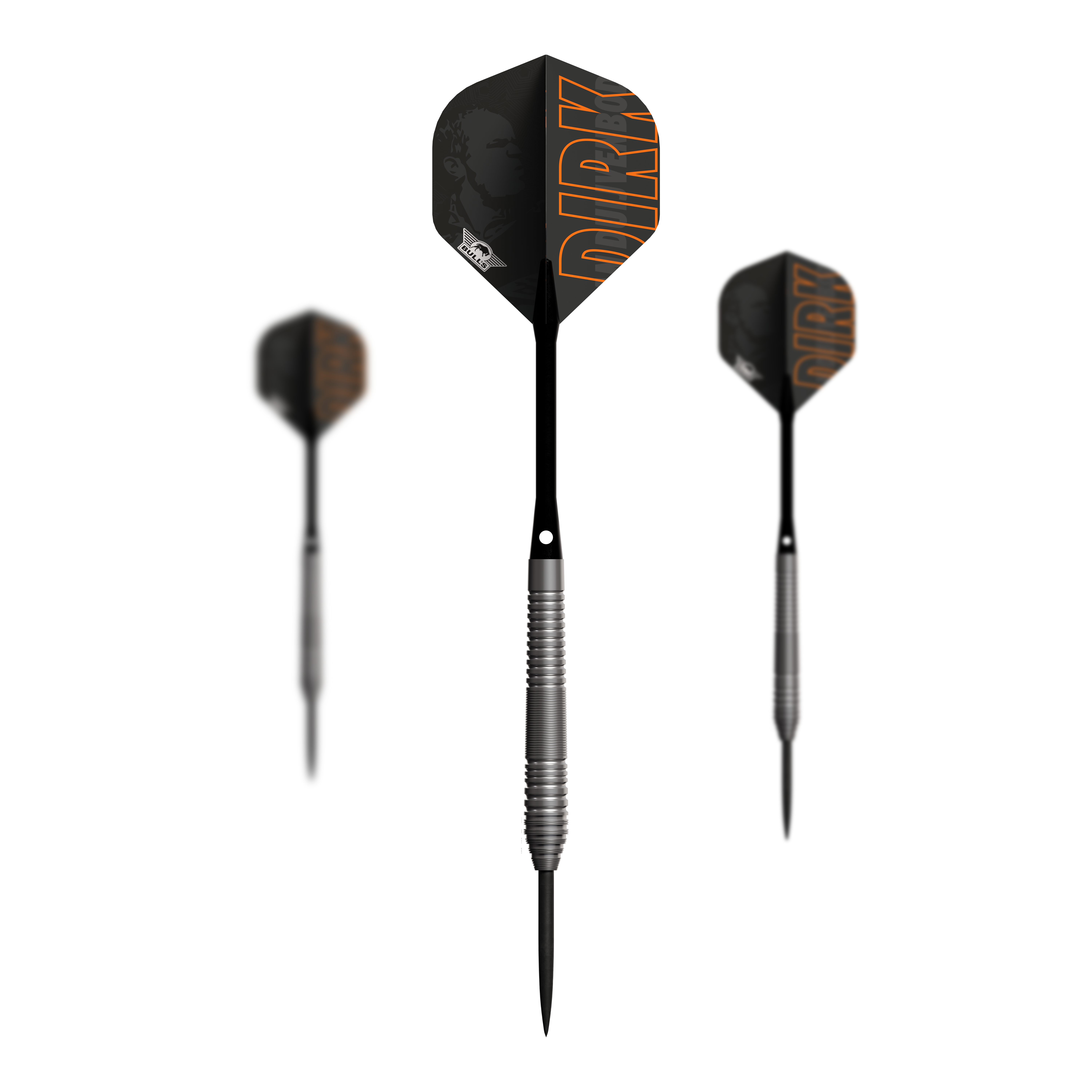 Bulls NL Dirk Van Duijvenbode 80 steel darts Das Bild zeigt drei Steeldarts des Modells "Bulls NL Dirk Van Duijvenbode 80". Die Darts haben schwarze Flights mit dem Schriftzug "DIRK" in orange und silberne, gerillte Griffe.