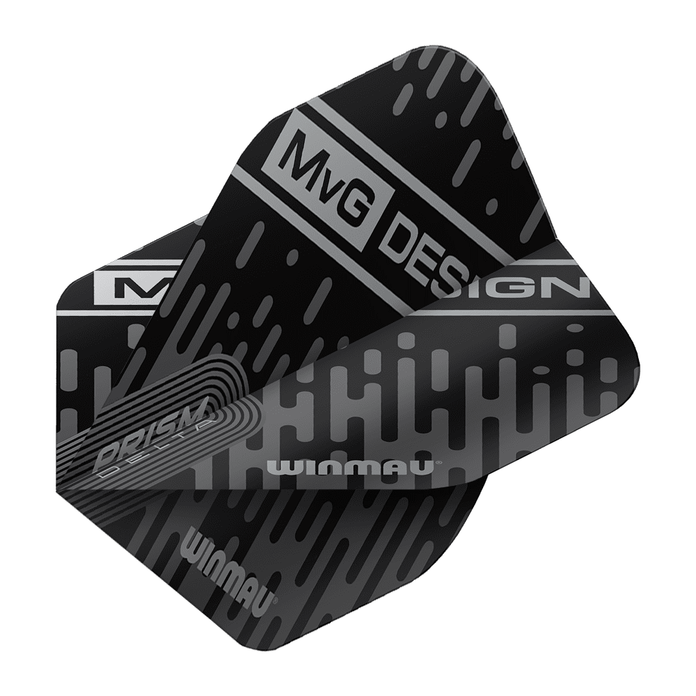 Das Bild zeigt ein schwarzes Dart-Flight mit dem Aufdruck "MvG Design" und "Winmau". Das Design ist modern mit silbernen Mustern und Linien gestaltet.