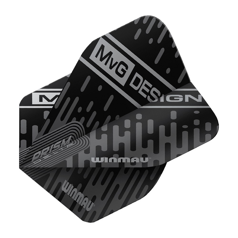 6915-214_Winmau_Prism_Delta_MvG_6915-214_Standard_Flights_2 Das Bild zeigt ein schwarzes Dart-Flight mit dem Aufdruck "MvG Design" und "Winmau". Das Design ist modern mit silbernen Mustern und Linien gestaltet.