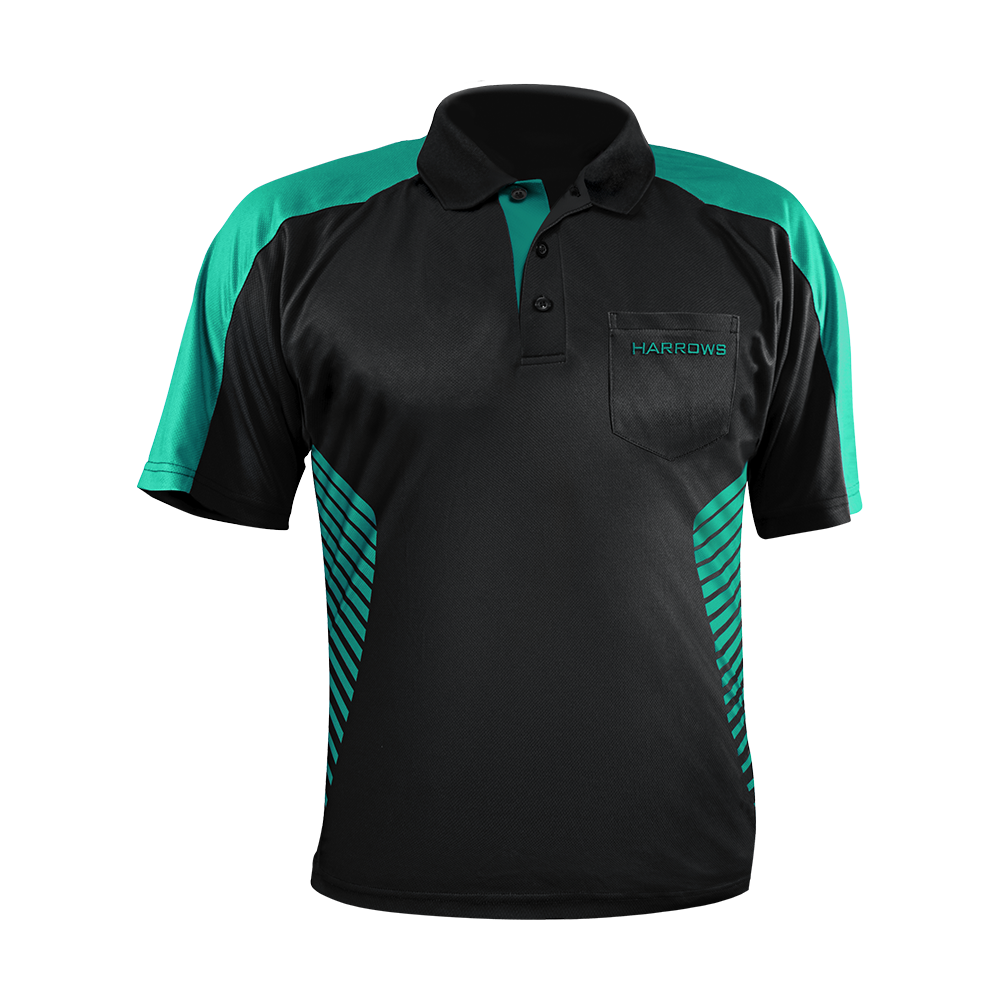 17577-Harrows-Vivid-Dartshirt-Black-Jade-1 Das Bild zeigt ein schwarzes Dartshirt mit jadegrünen Akzenten und der Aufschrift "Harrows" auf der Brusttasche. Die Ärmel und seitlichen Bereiche haben ebenfalls jadegrüne Details und Streifen.
