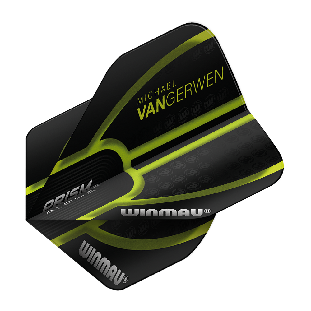 6915-143_Winmau_Prism_Alpha_MvG_Black_Green_V1_Standard_Flights_2 Das Bild zeigt einen schwarzen Dartflight mit grünen Akzenten der Marke Winmau. Auf dem Flight steht "Michael van Gerwen" sowie "Prism Alpha" und "Winmau".
