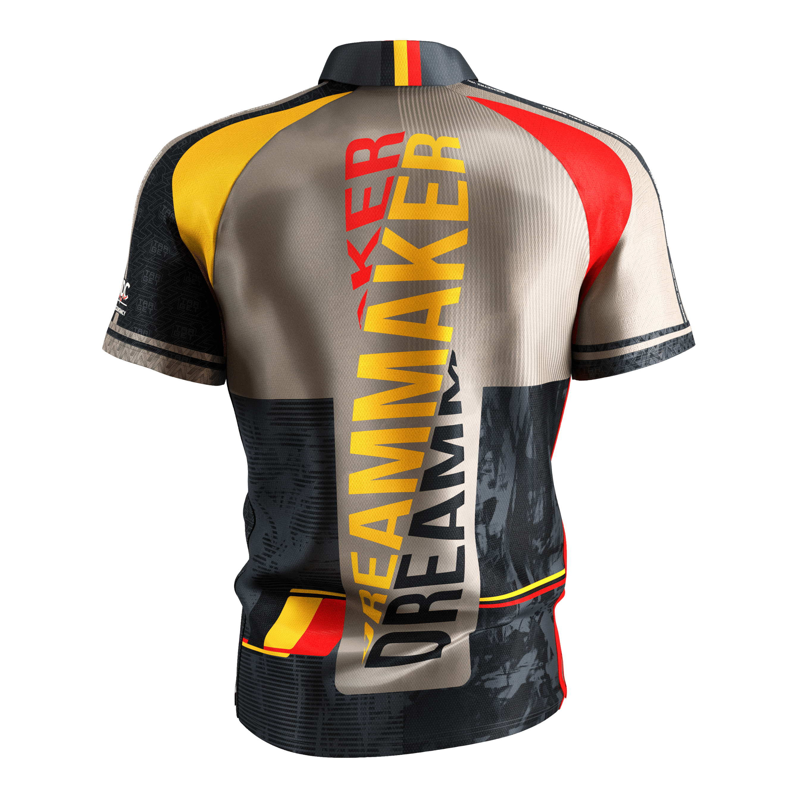 Target Coolplay Dimitri Van Den Bergh 2025 dart shirt Dies ist das Target Coolplay Dimitri Van Den Bergh 2025 Dartshirt. Auf der Rückseite steht in großen Buchstaben "DREAMMAKER" und das Shirt hat auffällige Farben in Gelb, Rot und Schwarz.