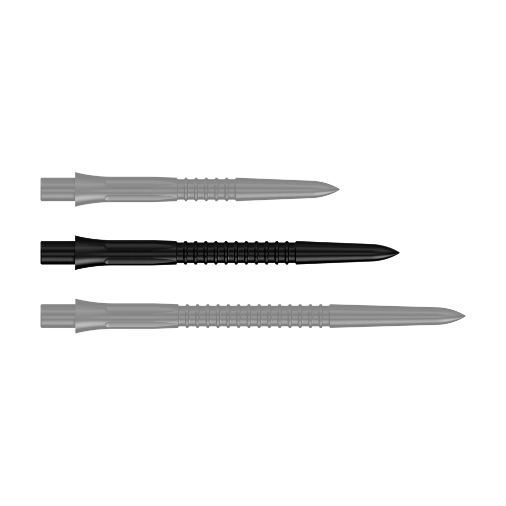 Schwarze Steeldartspitze mit 32 mm Länge aus der Misson Caliburn EVO GV1 Reihe. Das Produktbild zeigt eine einzelne Spitze im Detail.