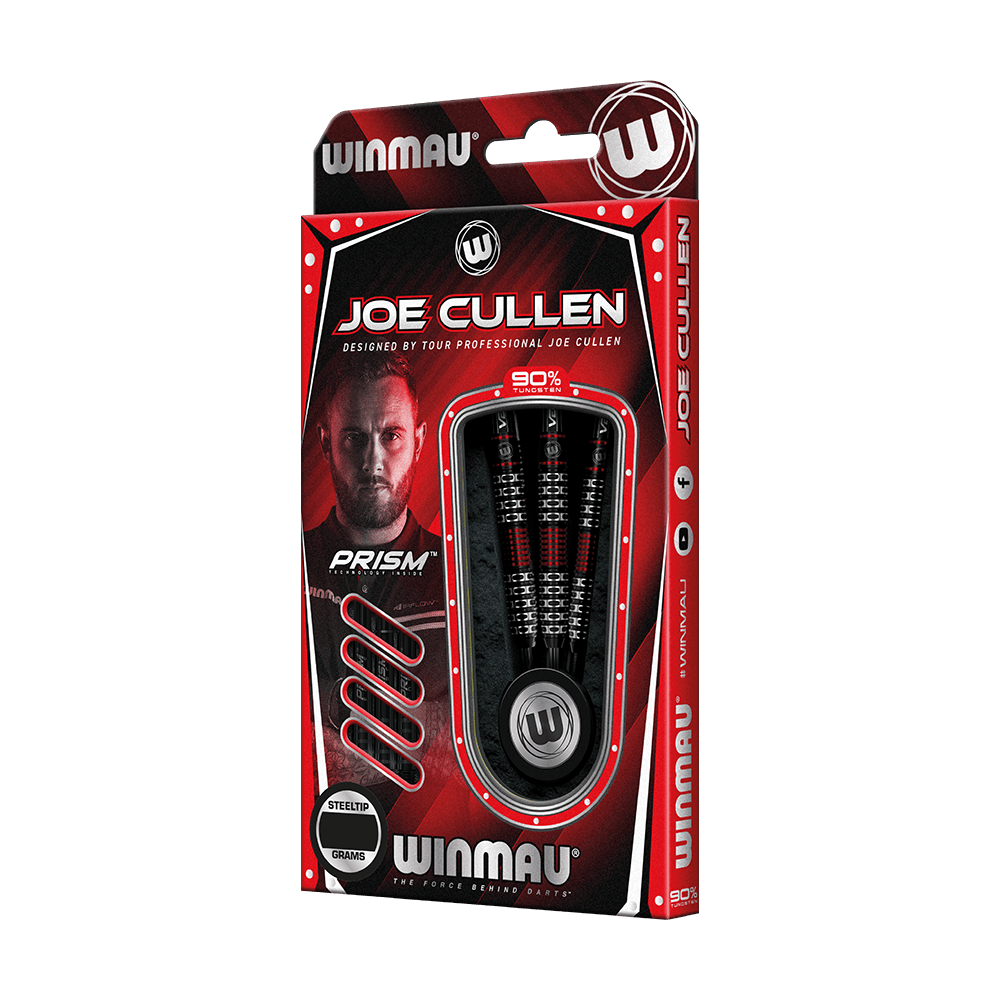 1470_Winmau_Joe_Cullen_Special_Edition_Steeldarts_3 Auf dem Bild ist eine Verpackung für Winmau-Steeldarts, die das Design von Joe Cullen trägt. Die Verpackung ist überwiegend rot und schwarz und zeigt drei Darts sowie ein Porträt von Joe Cullen.
