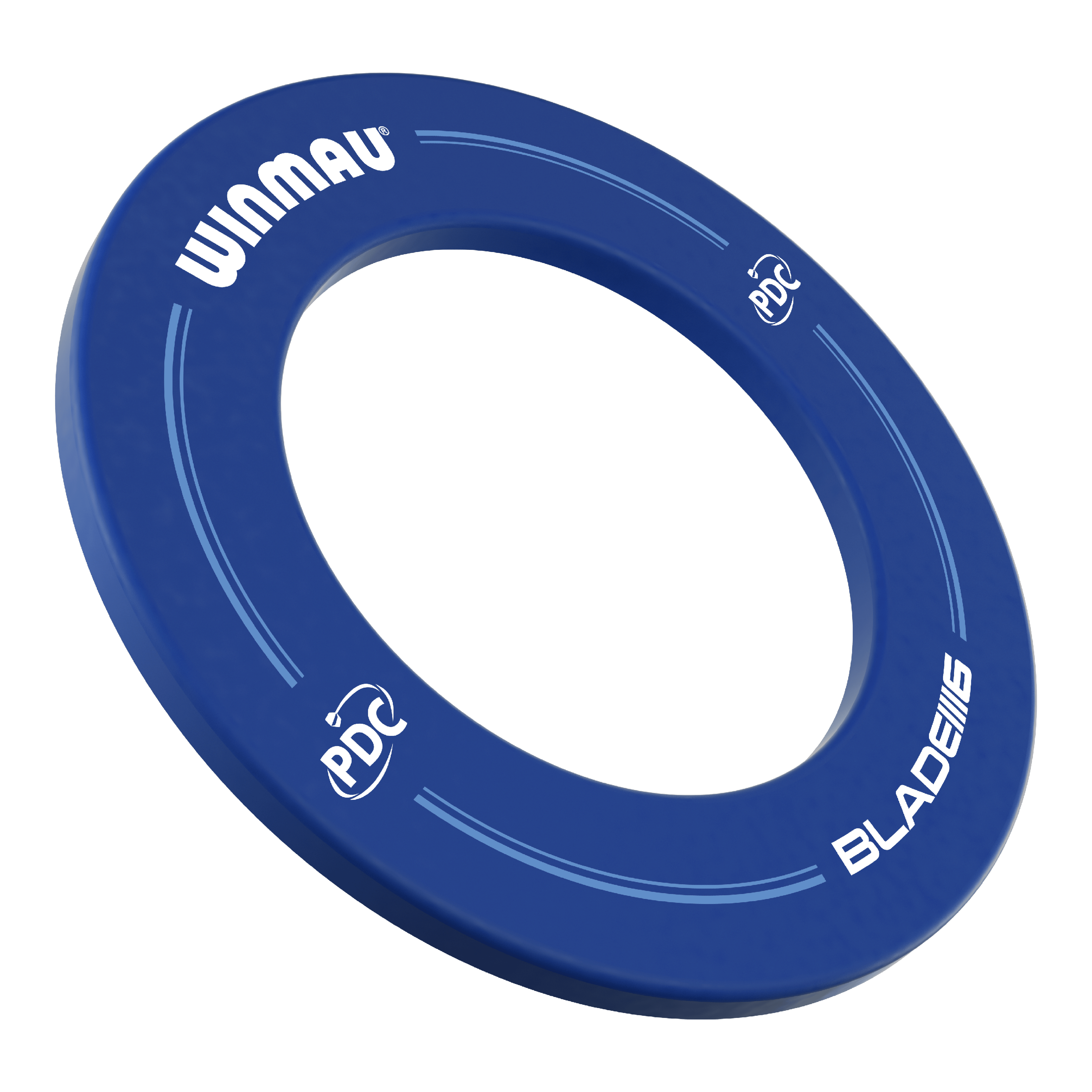Winmau PDC Dartboard Surround - Blue Auf dem Bild ist ein blauer Dartboard-Surround der Marke Winmau zu sehen. Die Aufschrift enthält die Logos von Winmau, PDC und Blade 6.