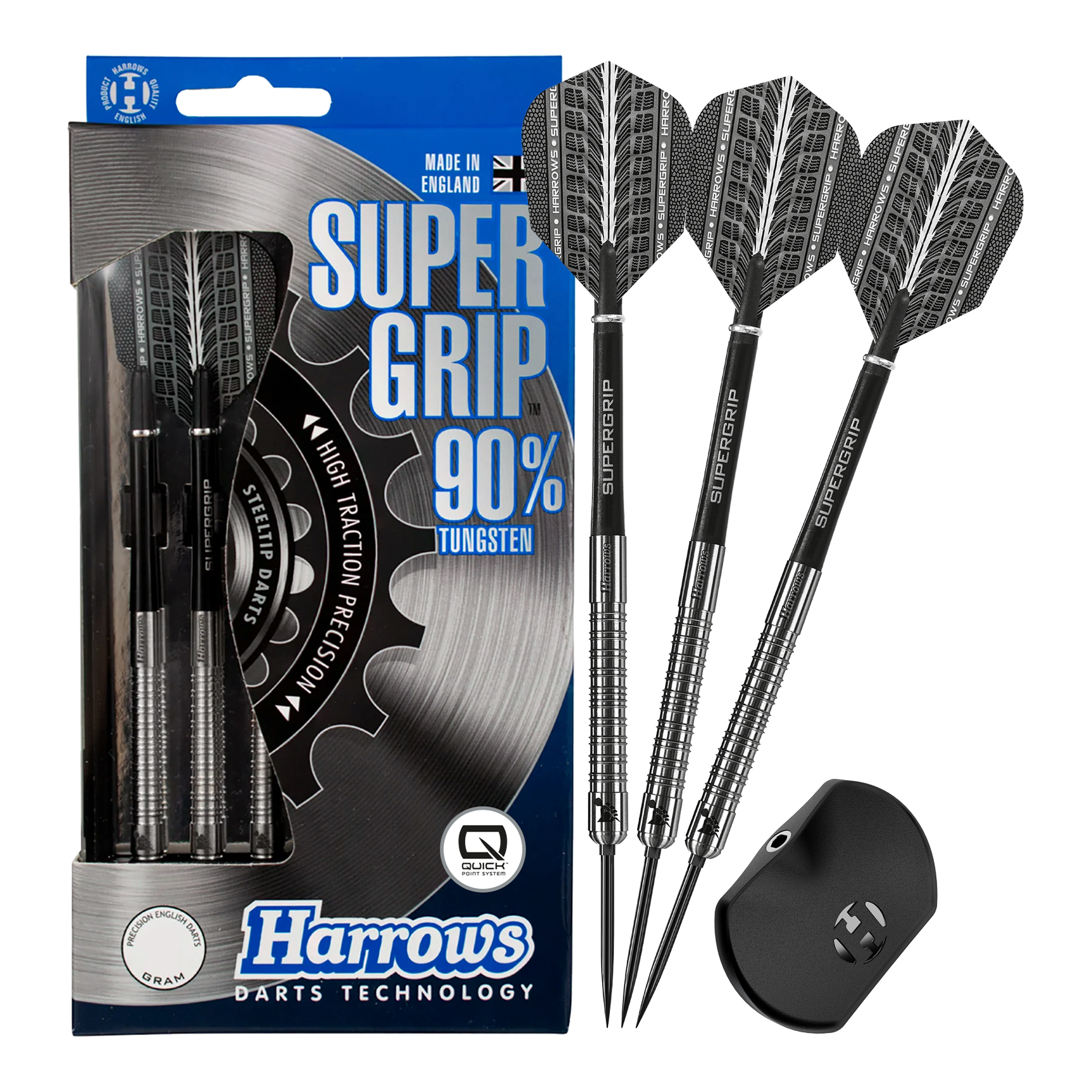 Harrows Supergrip 90 Quick Point Steel Darts Zu sehen sind Harrows Supergrip 90 Quick Point Steeldarts. Der Dart ist in voller Länge abgebildet.