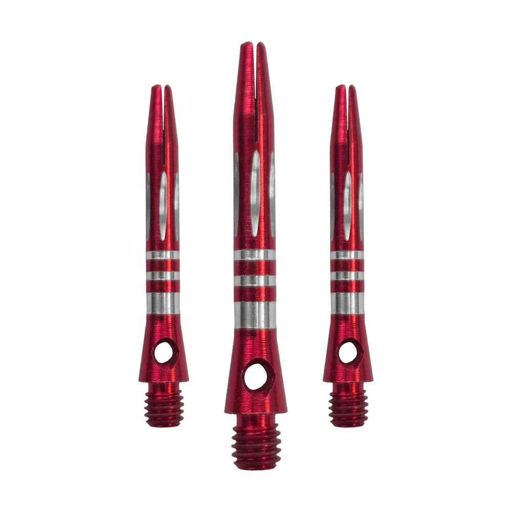Ringed Diamond Cut Aluminum Shafts - Red - 35 mm Das Bild zeigt ein Set der Ringed Diamond Cut Aluminium Shafts - Rot - 35 mm. Mehrere rote Aluminium-Dartschäfte liegen nebeneinander.